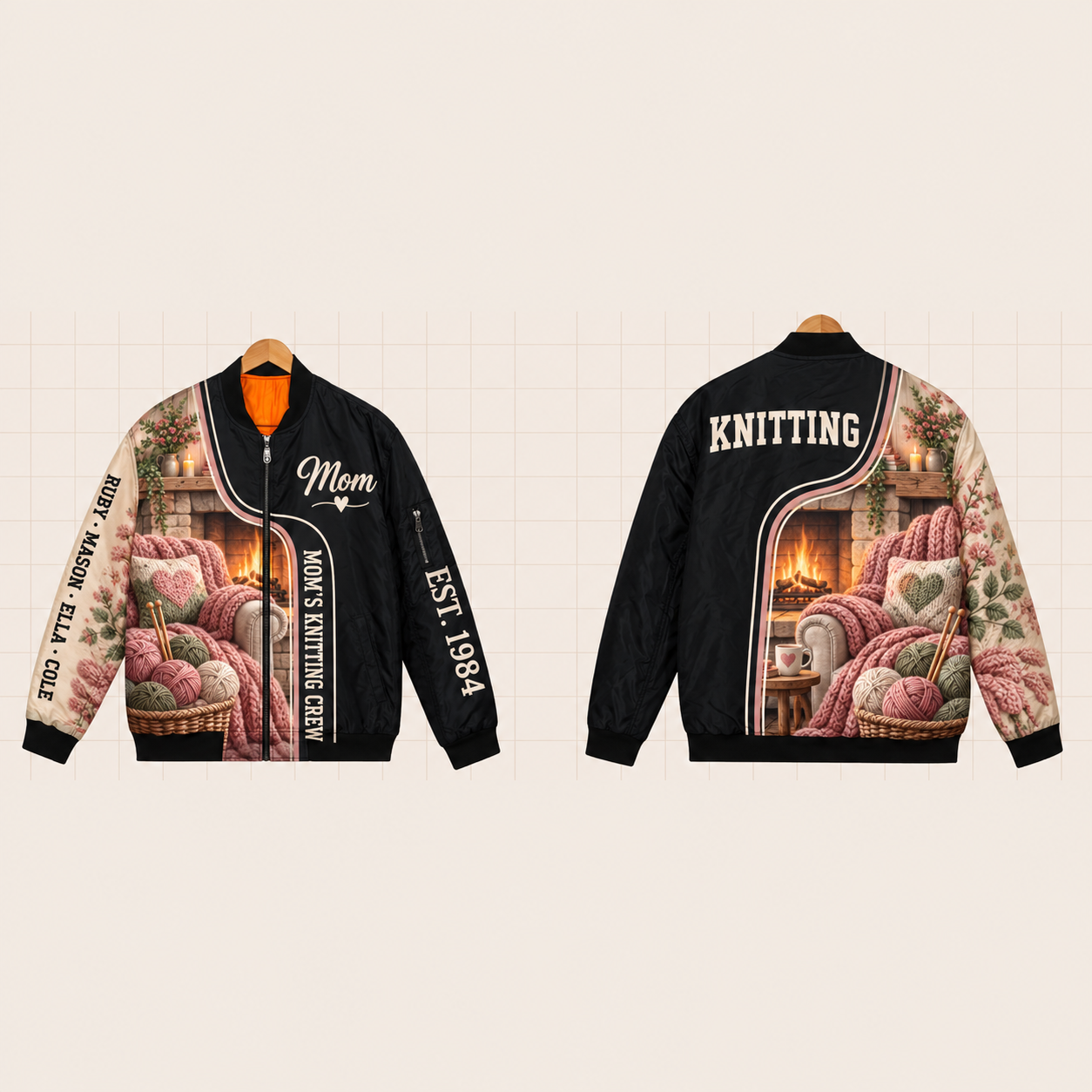 All-Over Print Bomber Jacket personalized with "Mom's Knitting Crew" and crochet hook artwork on the back