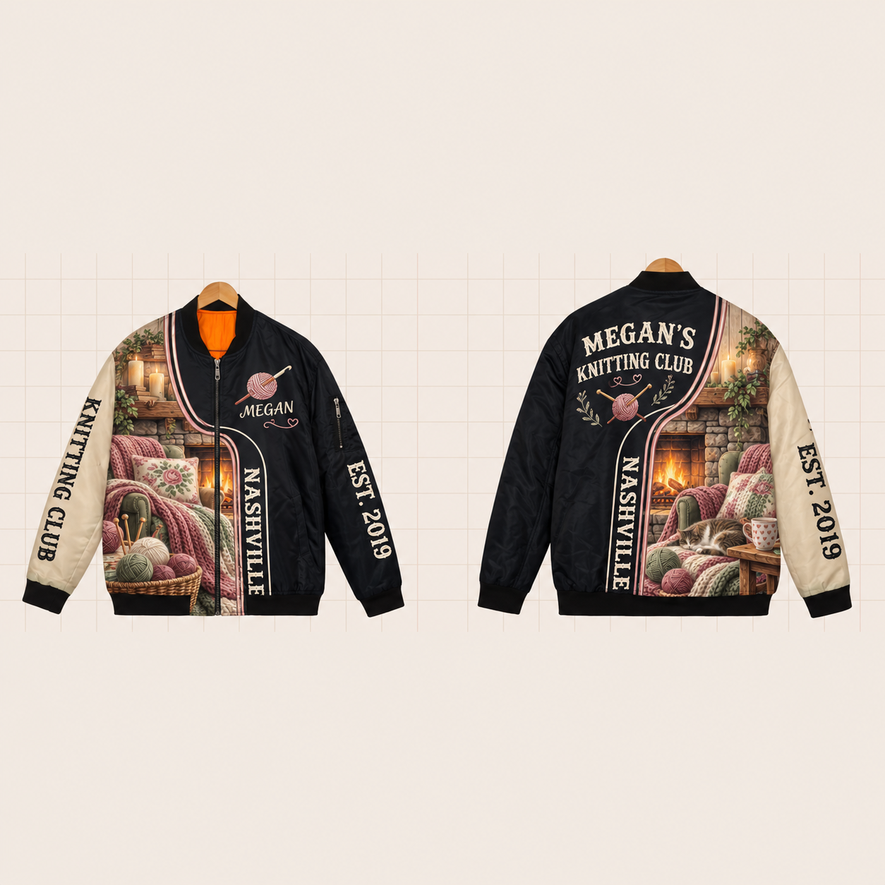 All-Over Print Bomber Jacket personalized with "Nashville Knitting Club" and crochet hook artwork on the back