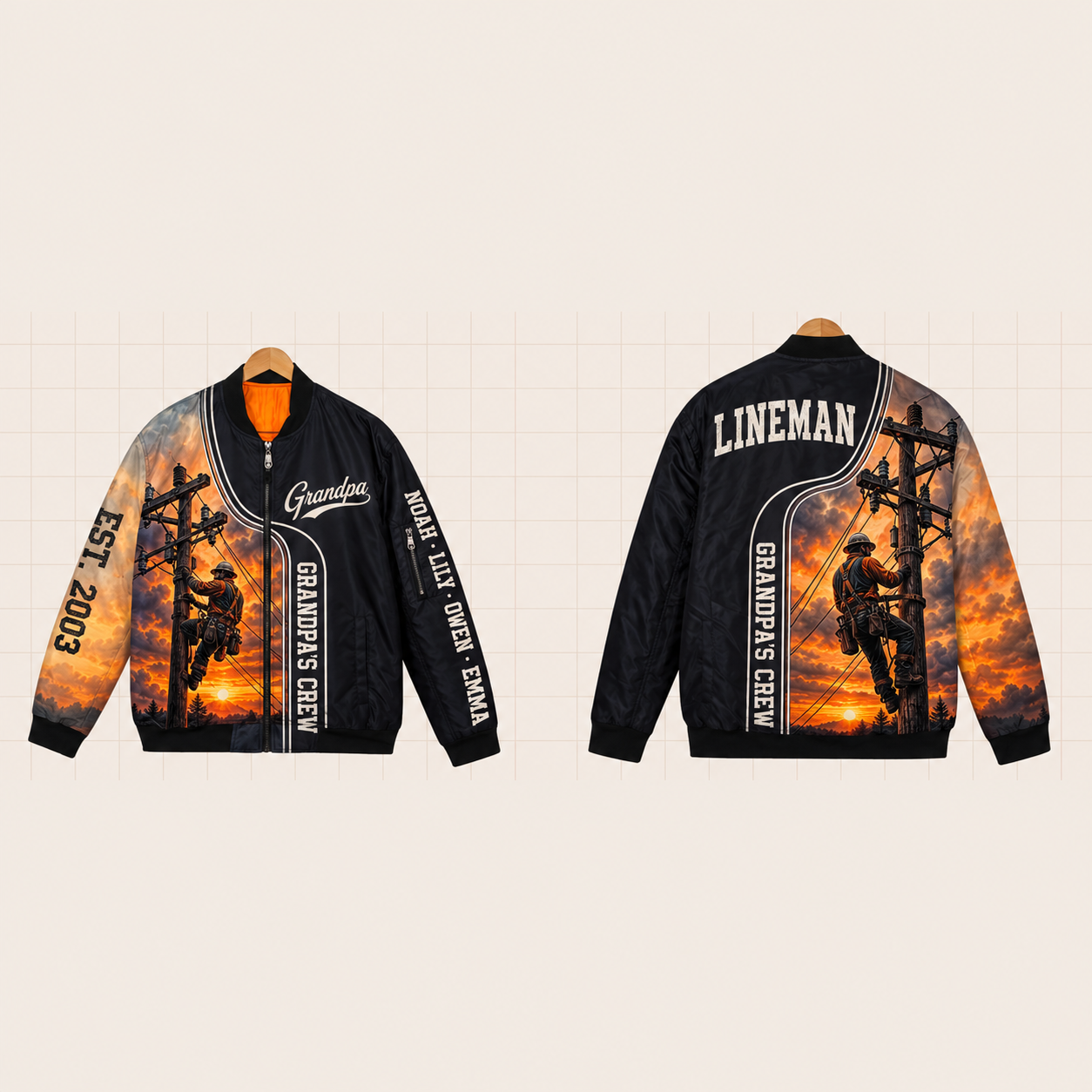 All-Over Print Bomber Jacket personalized with "Grandpa's Lineman Crew" and lineman climbing hooks artwork on the back