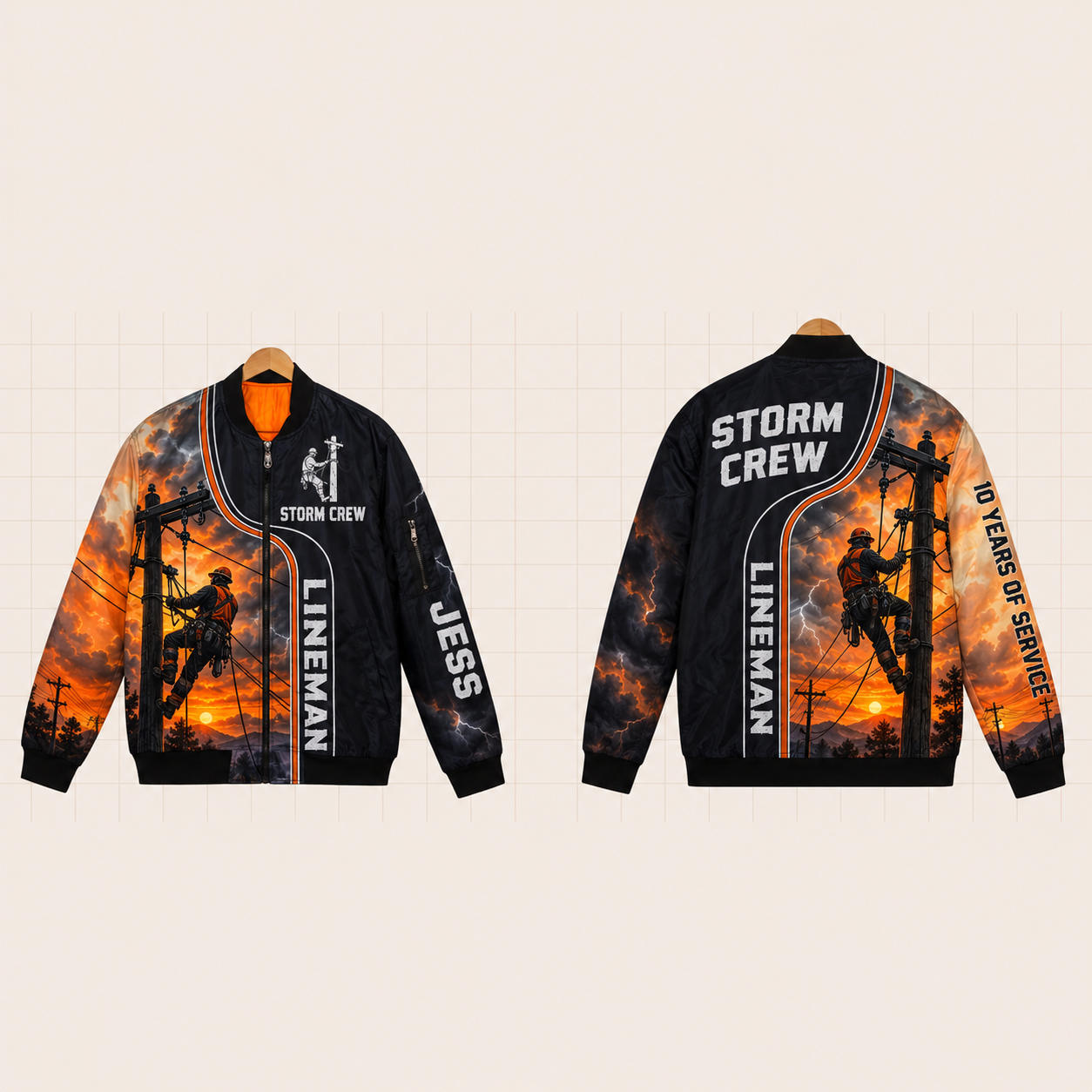 All-Over Print Bomber Jacket personalized with "Lineman Storm Crew 10 Years" and lineman climbing hooks artwork on the back