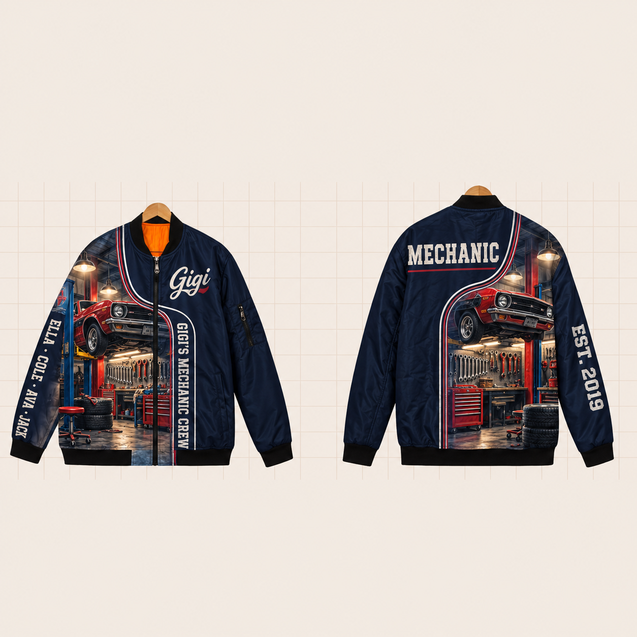 All-Over Print Bomber Jacket personalized with "Gigi's Mechanic Crew" and gear artwork on the back
