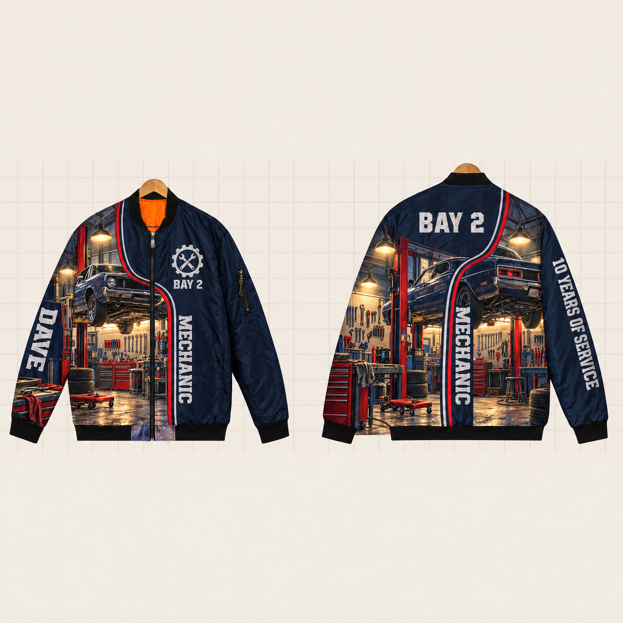 All-Over Print Bomber Jacket personalized with "Mechanic Bay 2 10 Years" and gear artwork on the back