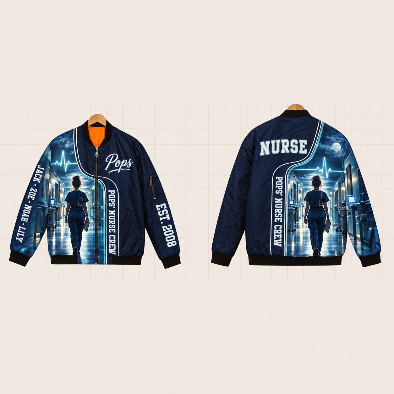 All-Over Print Bomber Jacket personalized with "Pops' Nurse Crew" and white plus sign (never red) artwork on the back