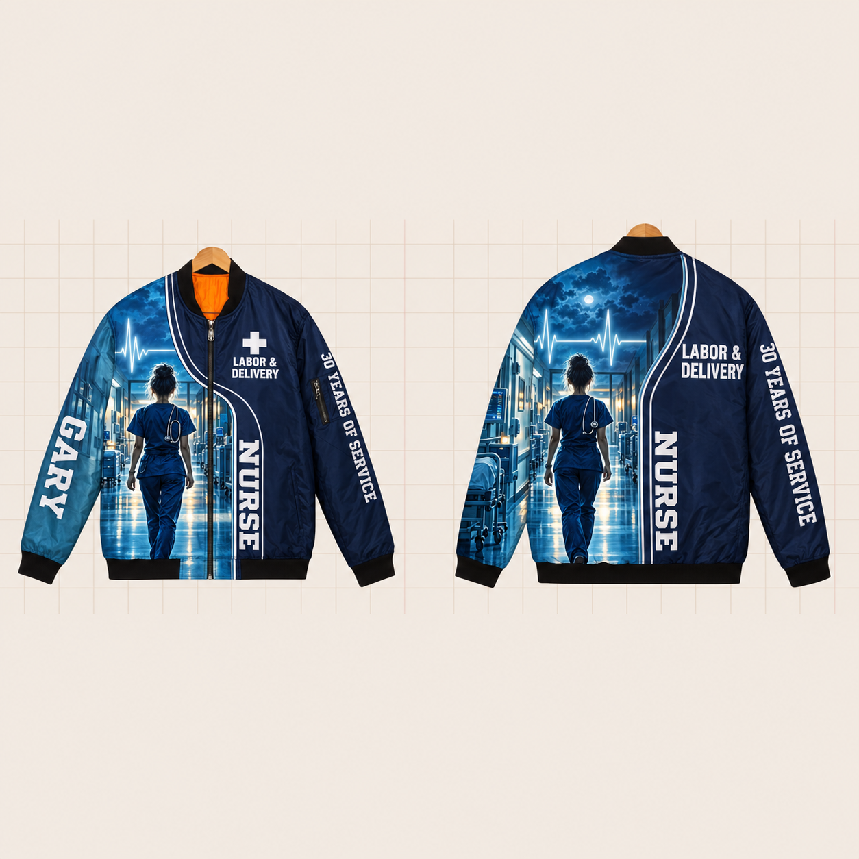 All-Over Print Bomber Jacket personalized with "Nurse Labor & Delivery 30 Years" and white plus sign (never red) artwork on the back