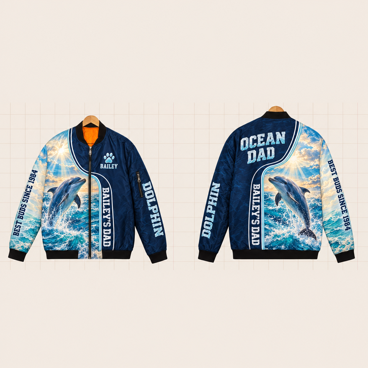 All-Over Print Bomber Jacket personalized with "Dolphin Dad" and dolphin artwork on the back