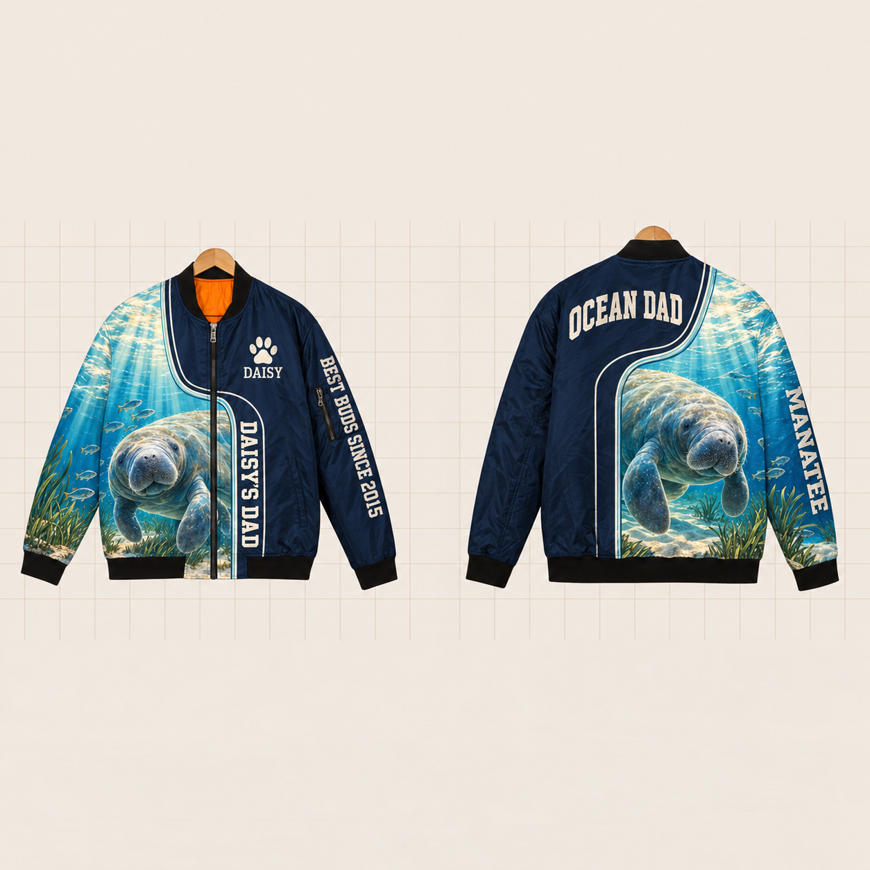 All-Over Print Bomber Jacket personalized with "Manatee Dad" and dolphin artwork on the back