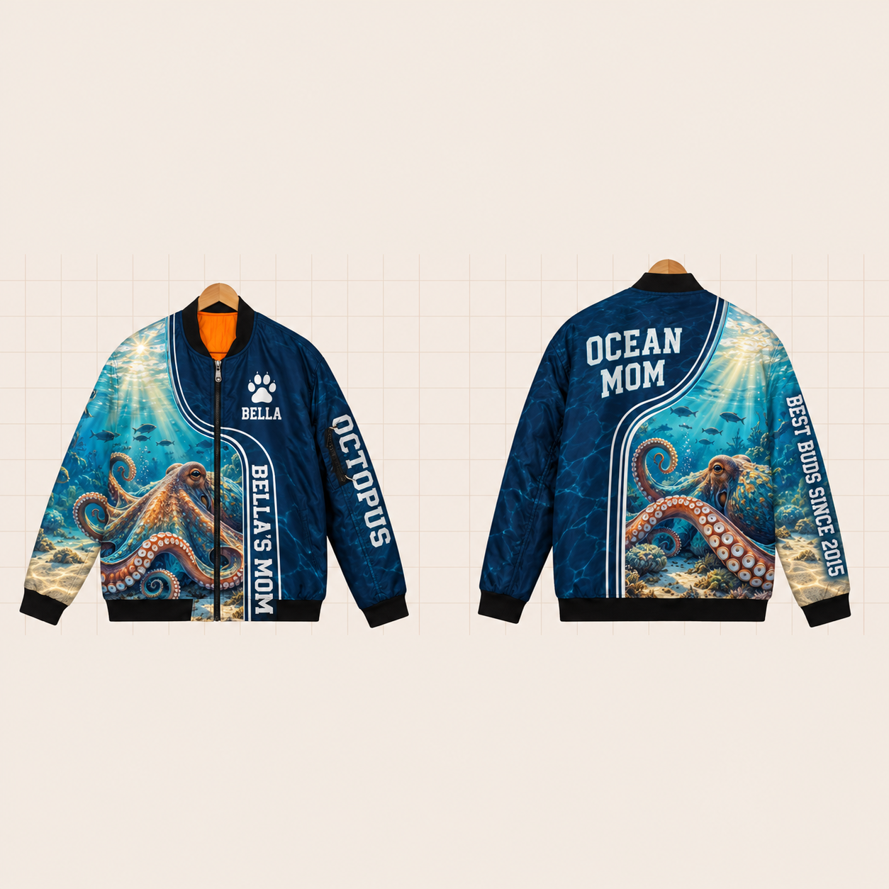 All-Over Print Bomber Jacket personalized with "Octopus Mom" and dolphin artwork on the back