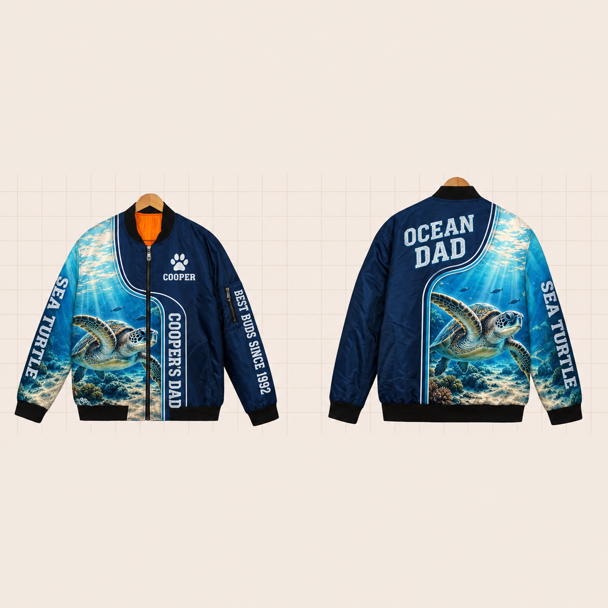 All-Over Print Bomber Jacket personalized with "Sea Turtle Dad" and dolphin artwork on the back