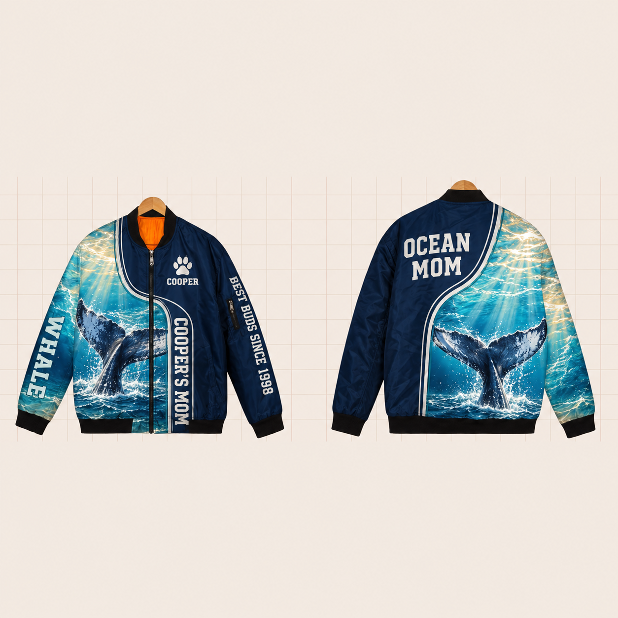 All-Over Print Bomber Jacket personalized with "Whale Mom" and dolphin artwork on the back