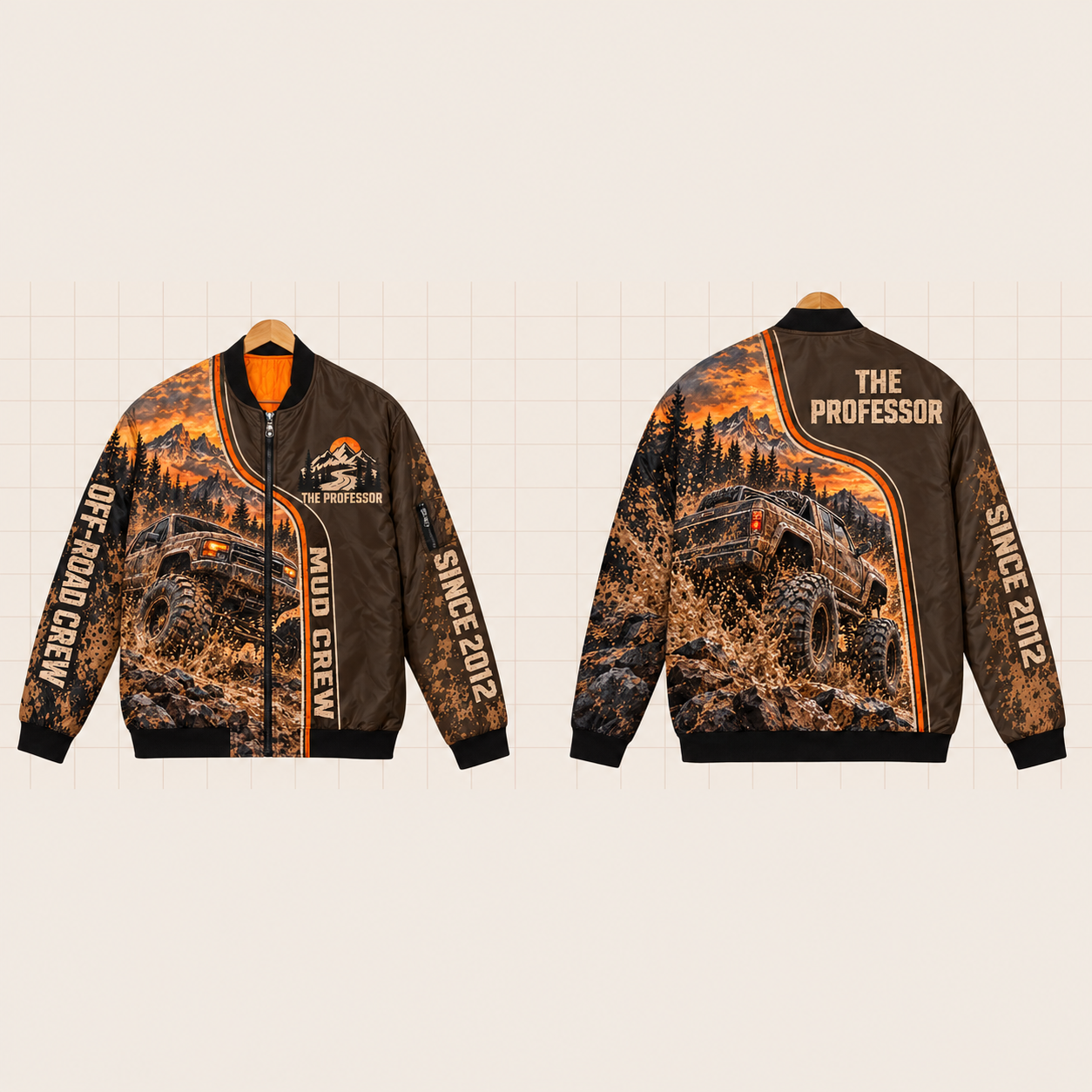 All-Over Print Bomber Jacket personalized with "Mud Crew Off-Road" and mountain trail artwork on the back