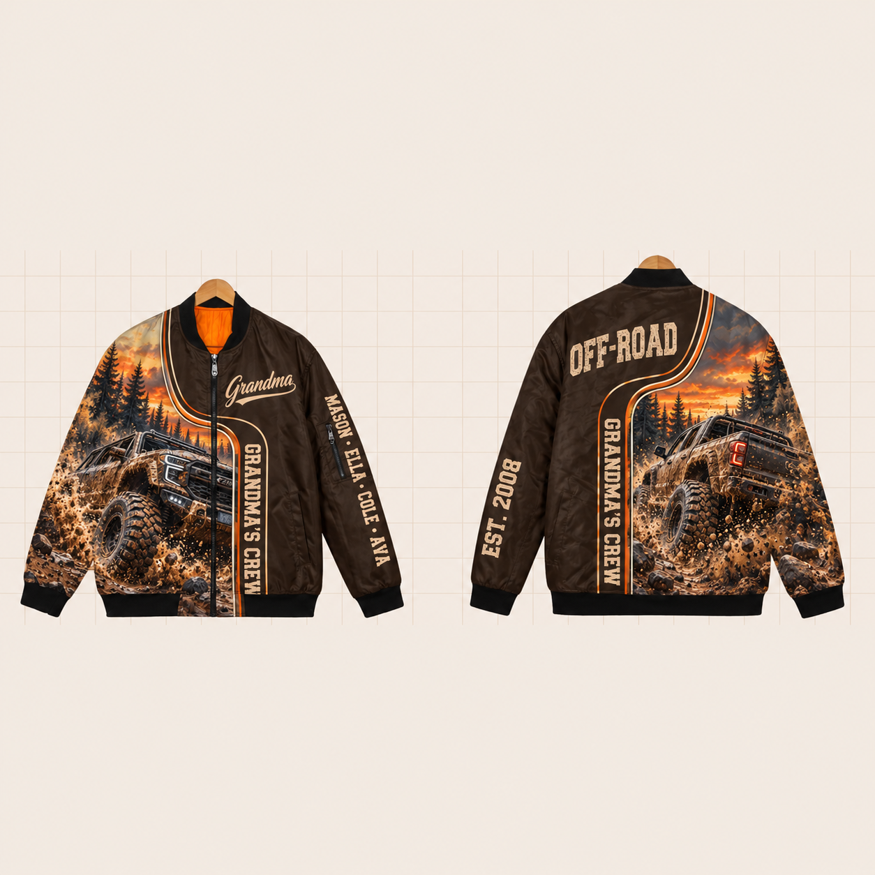 All-Over Print Bomber Jacket personalized with "Grandma's Off-Road Crew" and mountain trail artwork on the back
