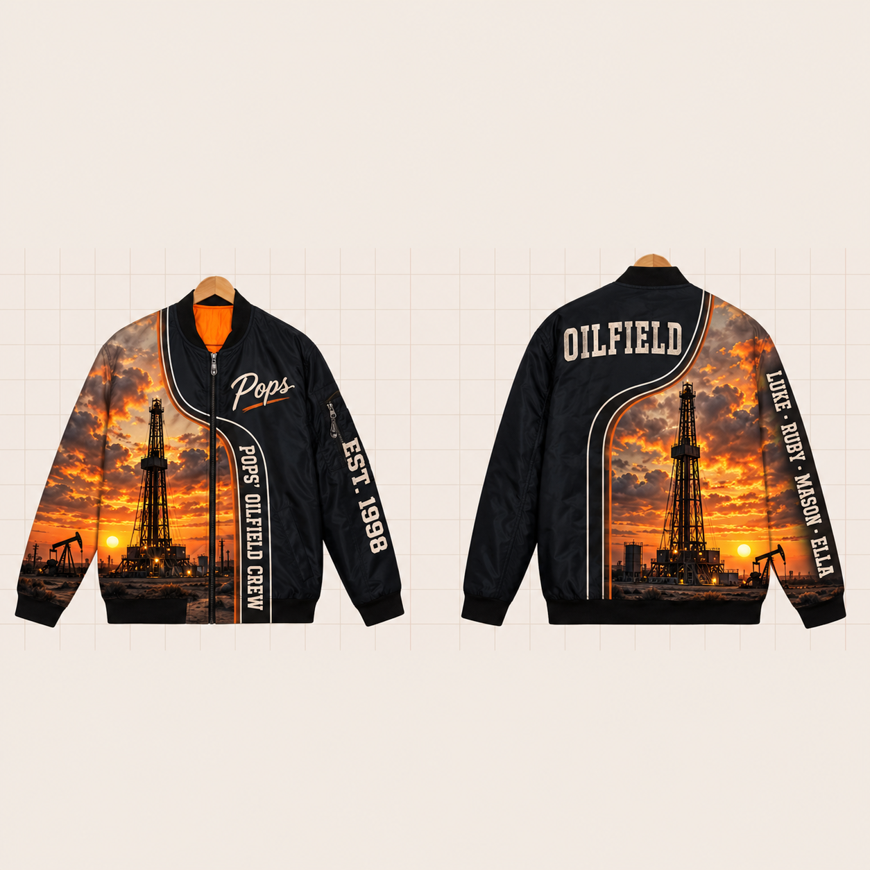 All-Over Print Bomber Jacket personalized with "Pops' Oilfield Crew" and pickaxe artwork on the back