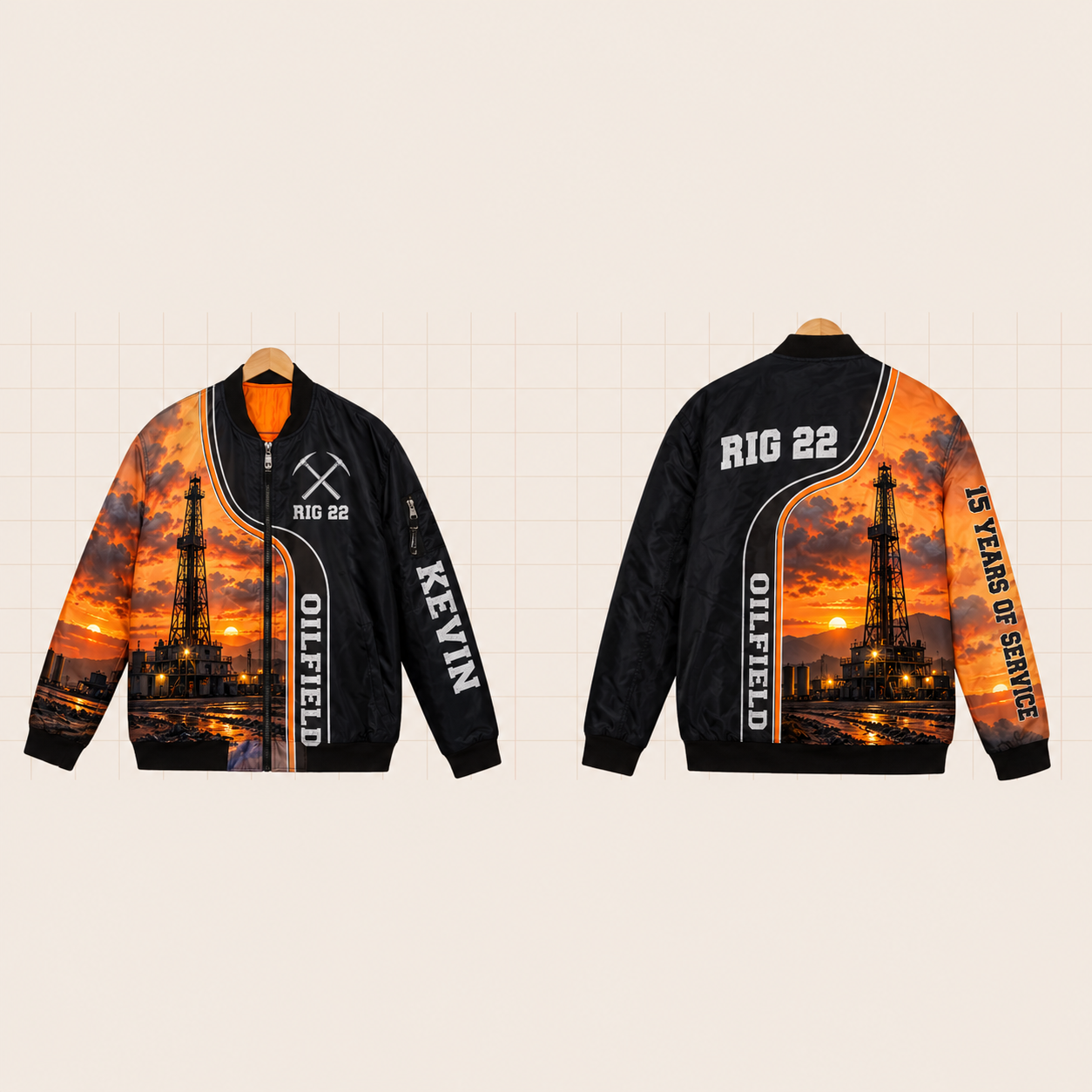 All-Over Print Bomber Jacket personalized with "Oilfield Rig 22 15 Years" and pickaxe artwork on the back
