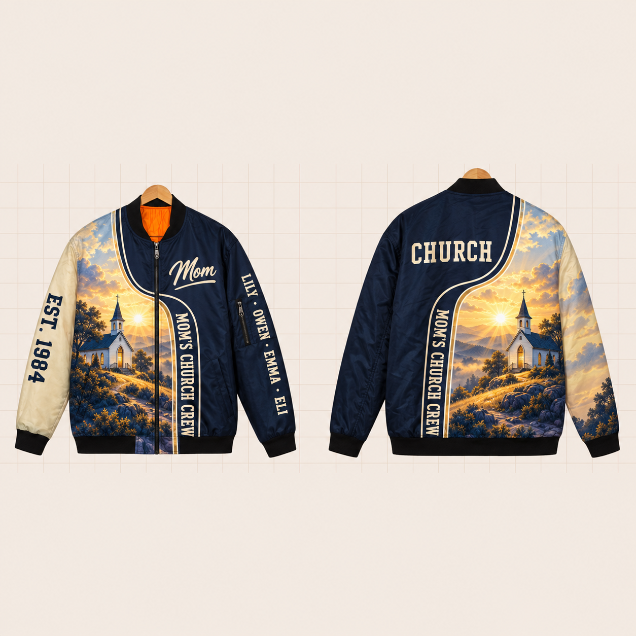 All-Over Print Bomber Jacket personalized with "Mom's Church Crew" and dove artwork on the back