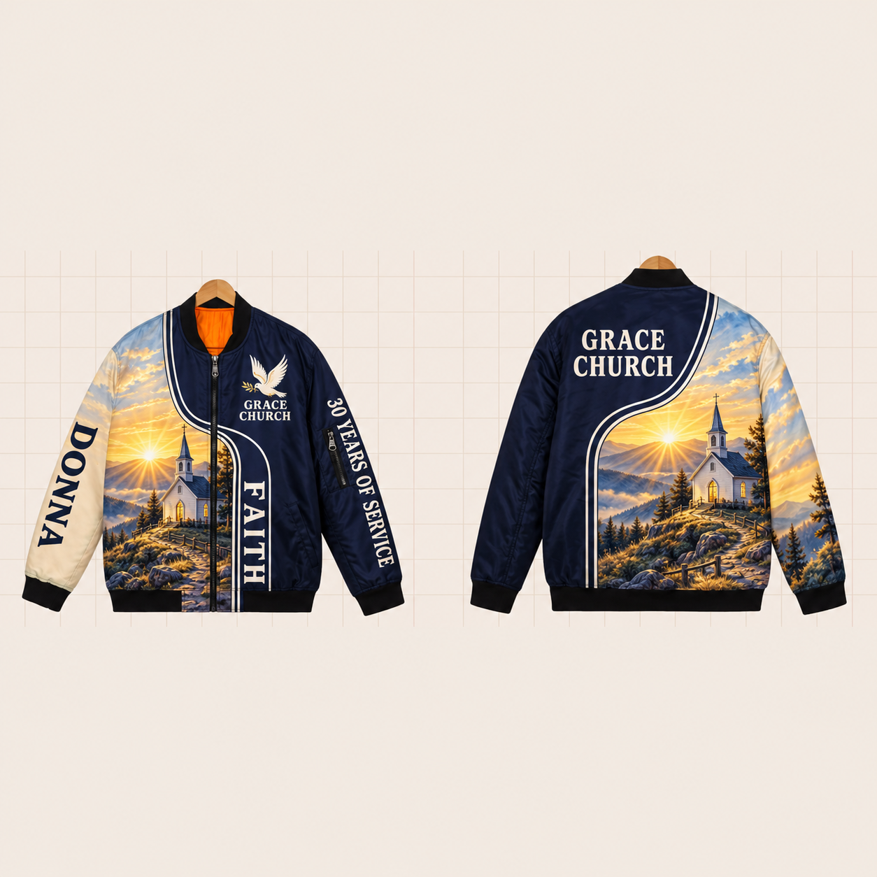 All-Over Print Bomber Jacket personalized with "Church Grace Church 30 Years" and dove artwork on the back