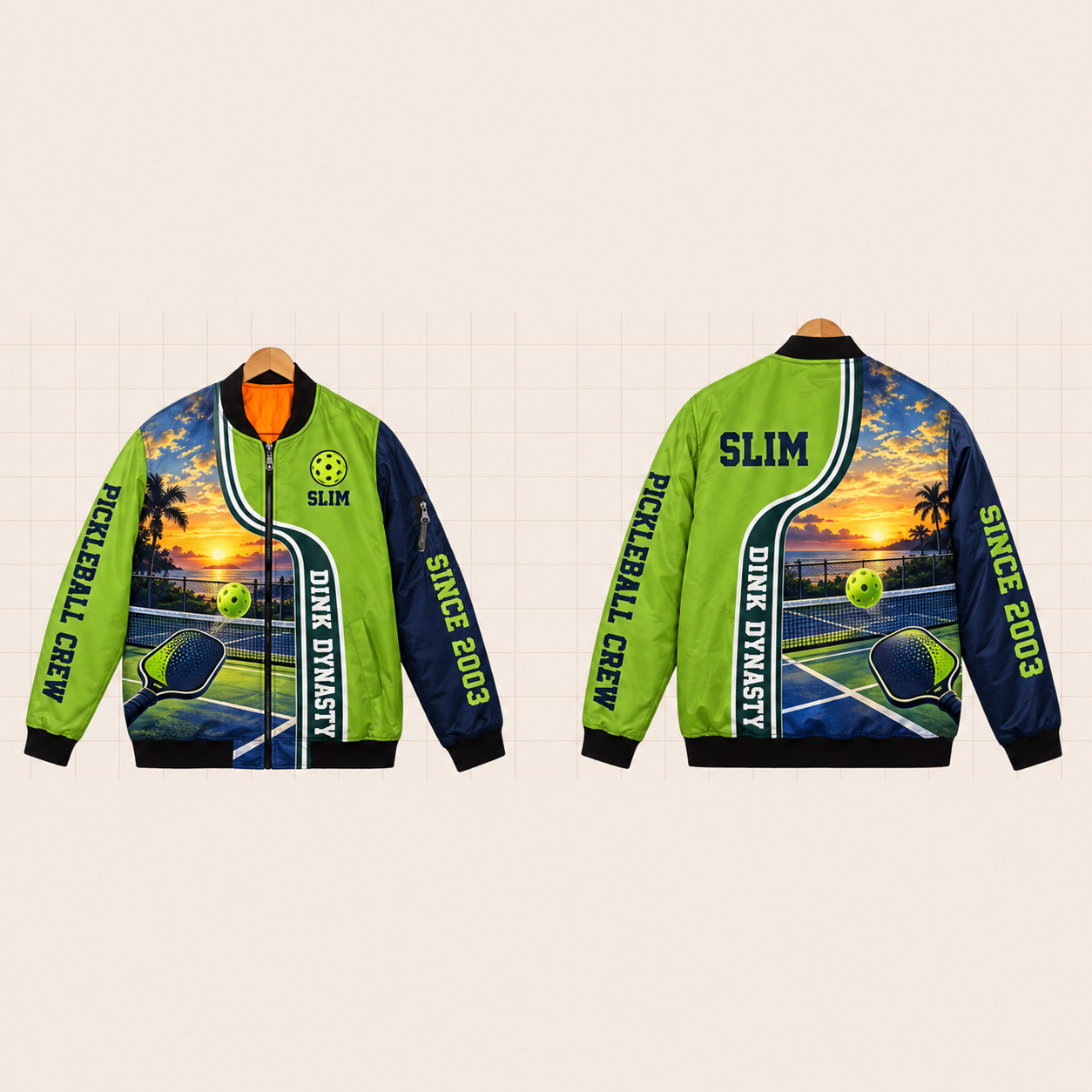 All-Over Print Bomber Jacket personalized with "Dink Dynasty Pickleball" and perforated ball artwork on the back