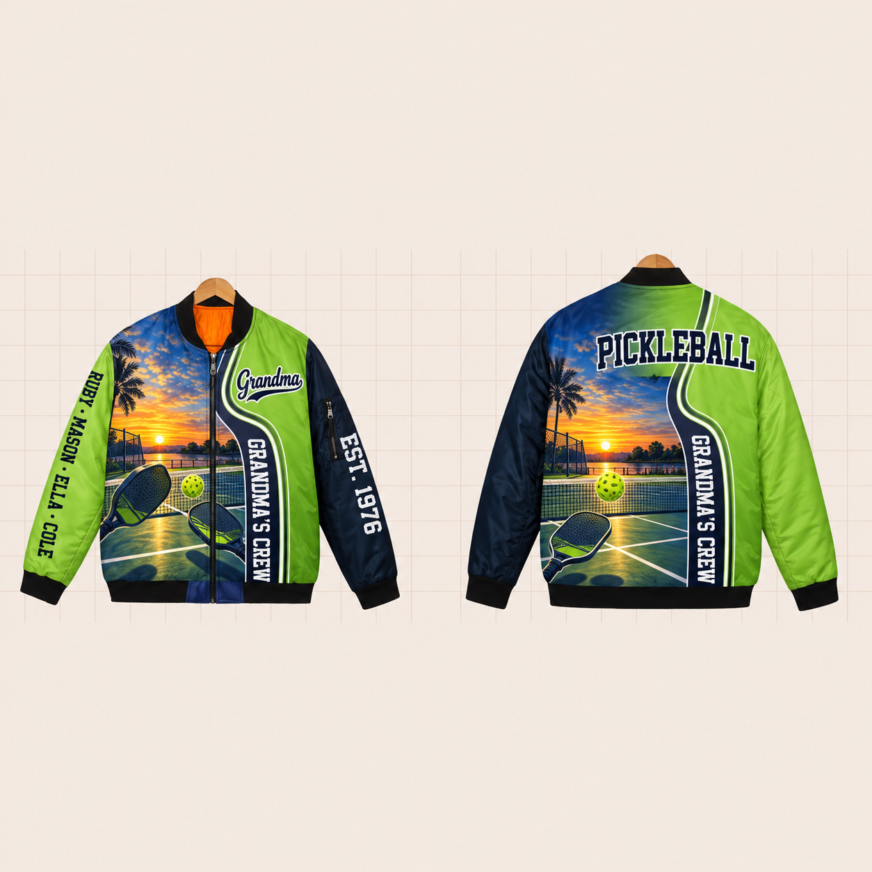 All-Over Print Bomber Jacket personalized with "Grandma's Pickleball Crew" and perforated ball artwork on the back