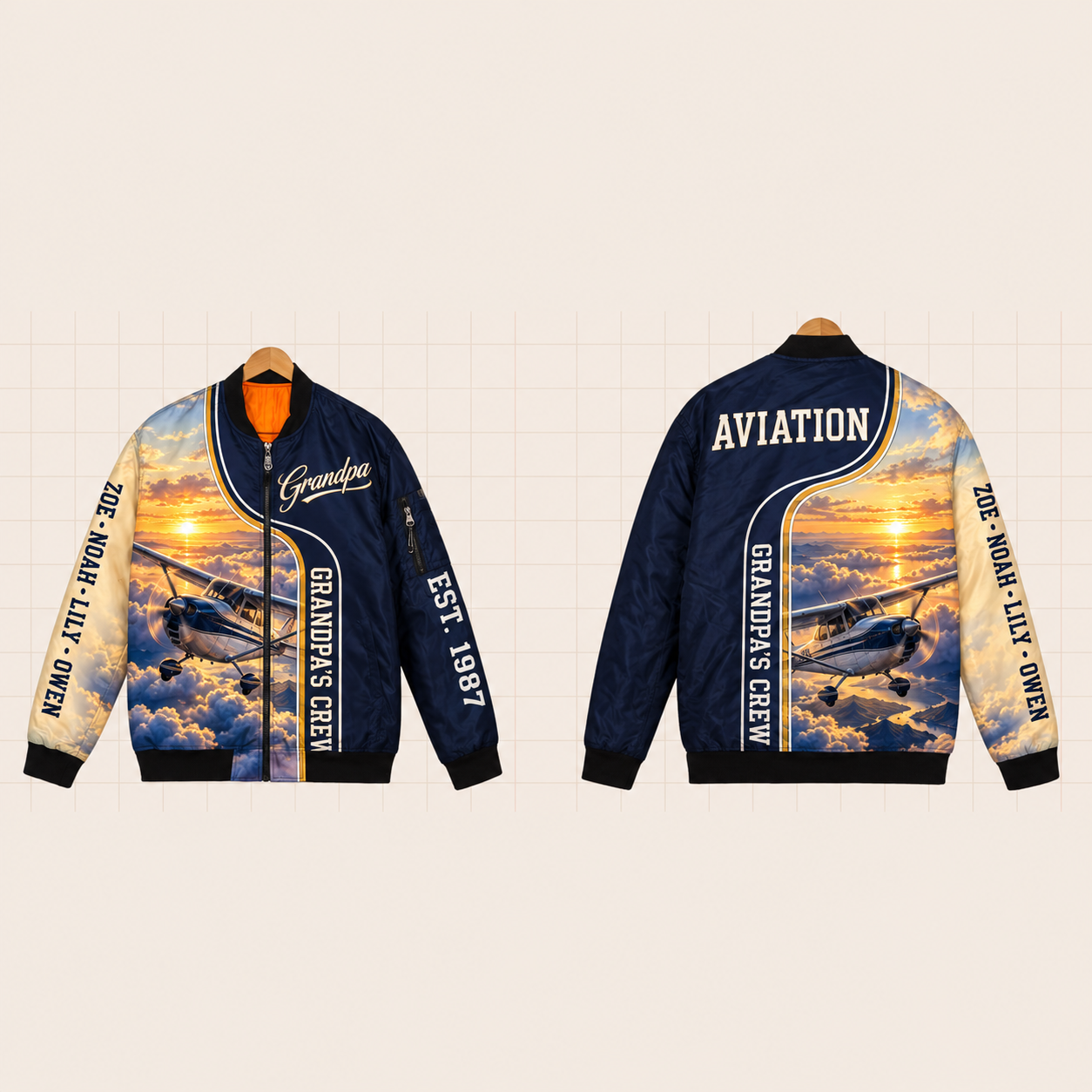 All-Over Print Bomber Jacket personalized with "Grandpa's Aviation Crew" and vintage biplane artwork on the back