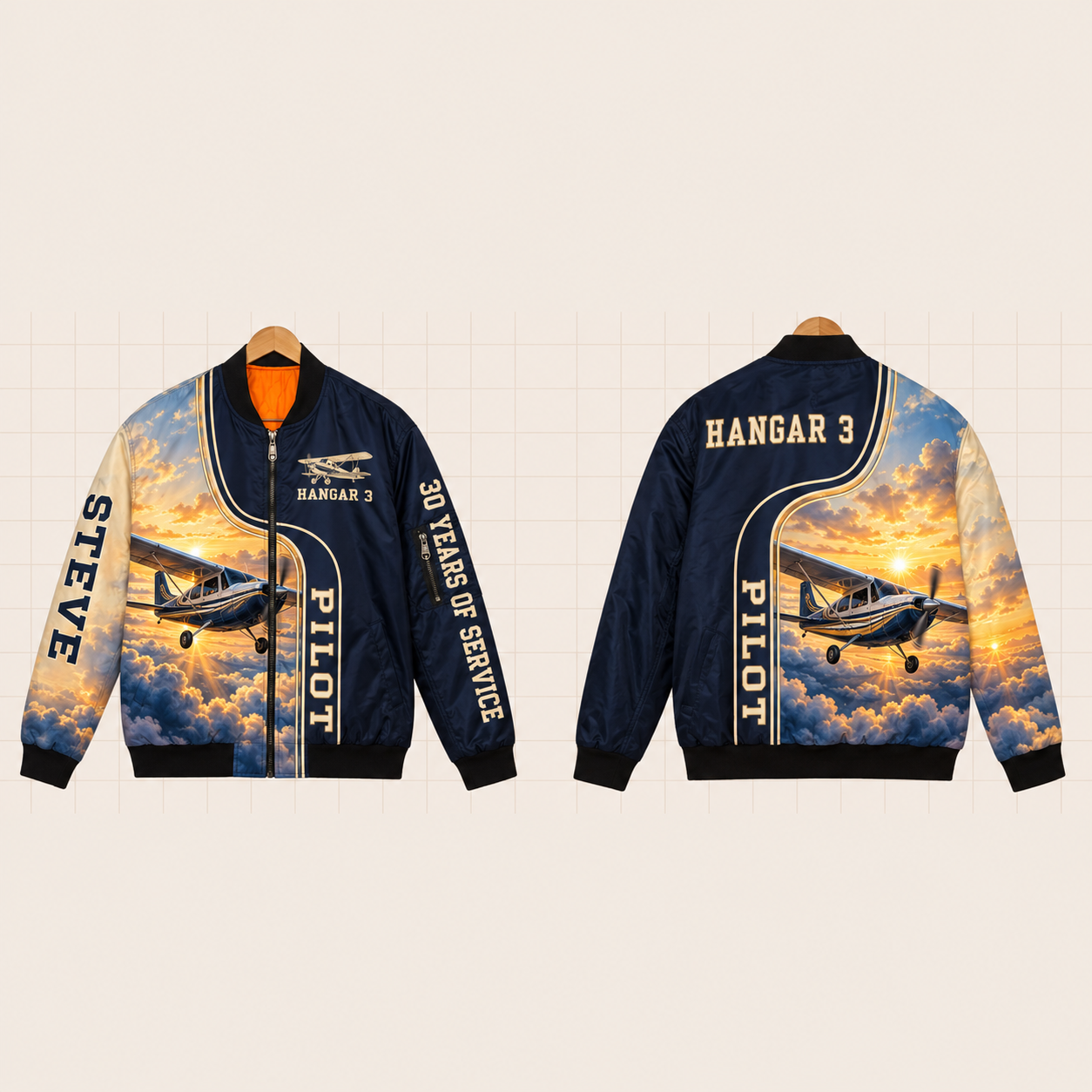 All-Over Print Bomber Jacket personalized with "Aviation Hangar 3 30 Years" and vintage biplane artwork on the back