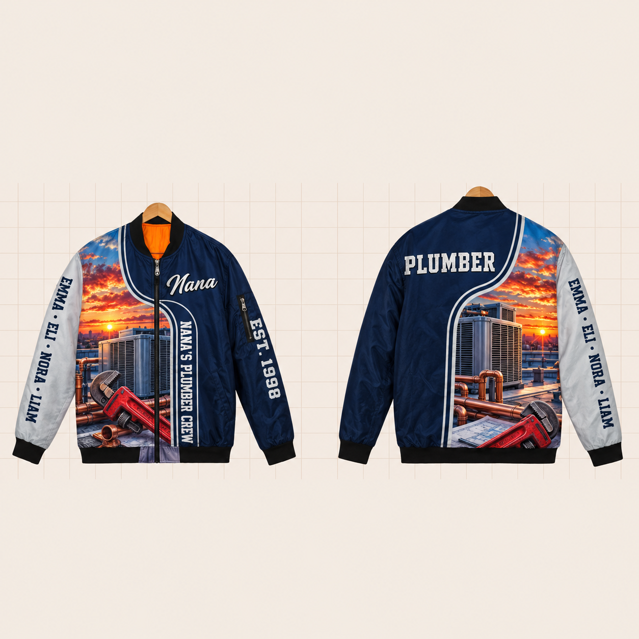 All-Over Print Bomber Jacket personalized with "Nana's Plumber Crew" and fan blade artwork on the back