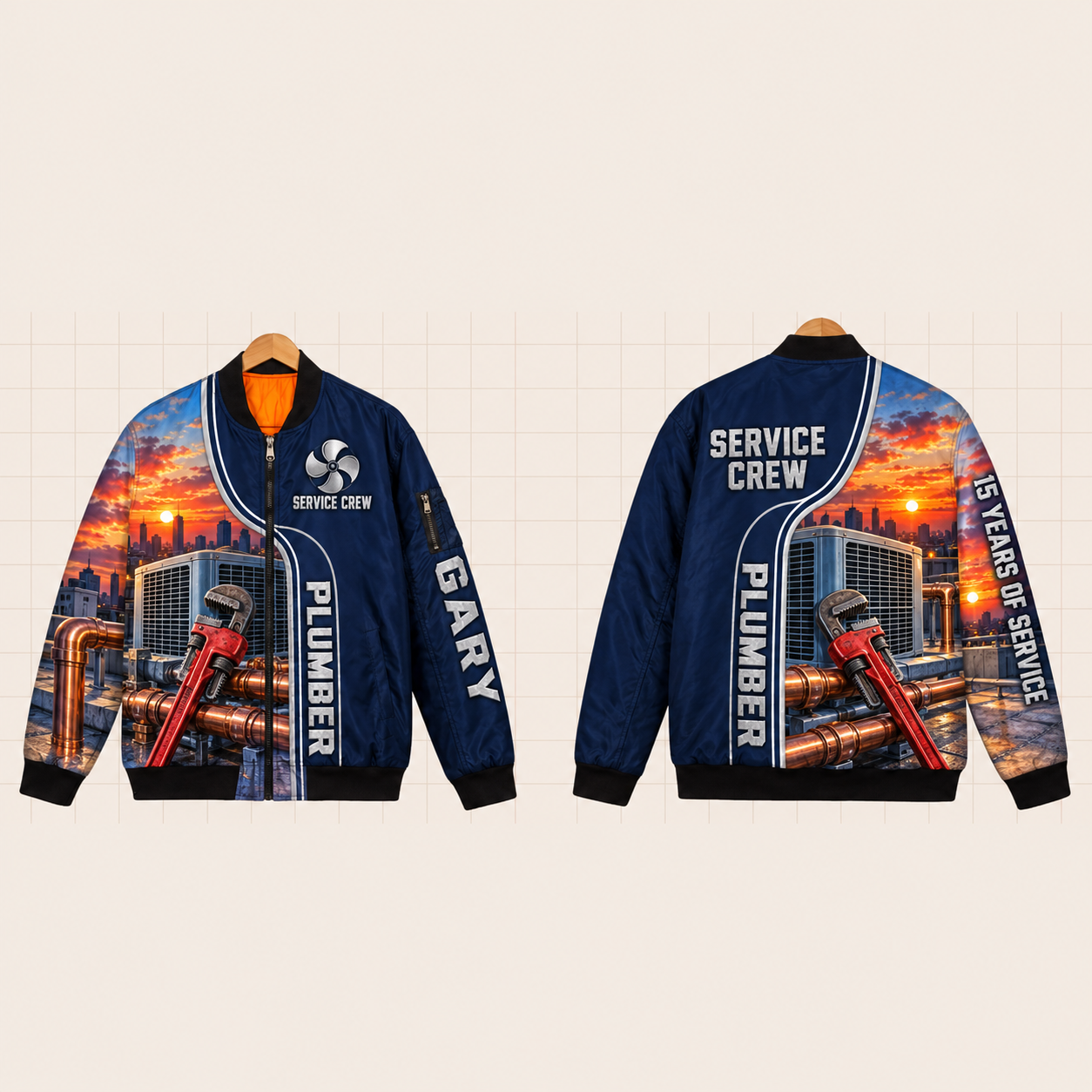 All-Over Print Bomber Jacket personalized with "Plumber Service Crew 15 Years" and fan blade artwork on the back