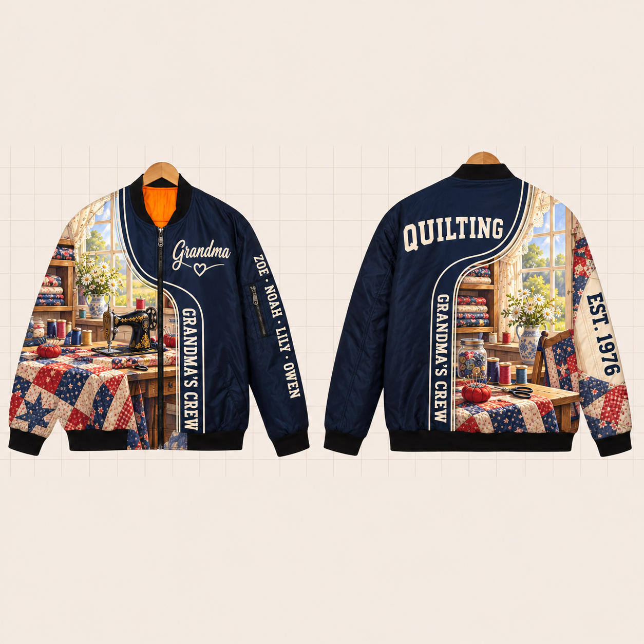 All-Over Print Bomber Jacket personalized with "Grandma's Quilting Crew" and sewing machine artwork on the back