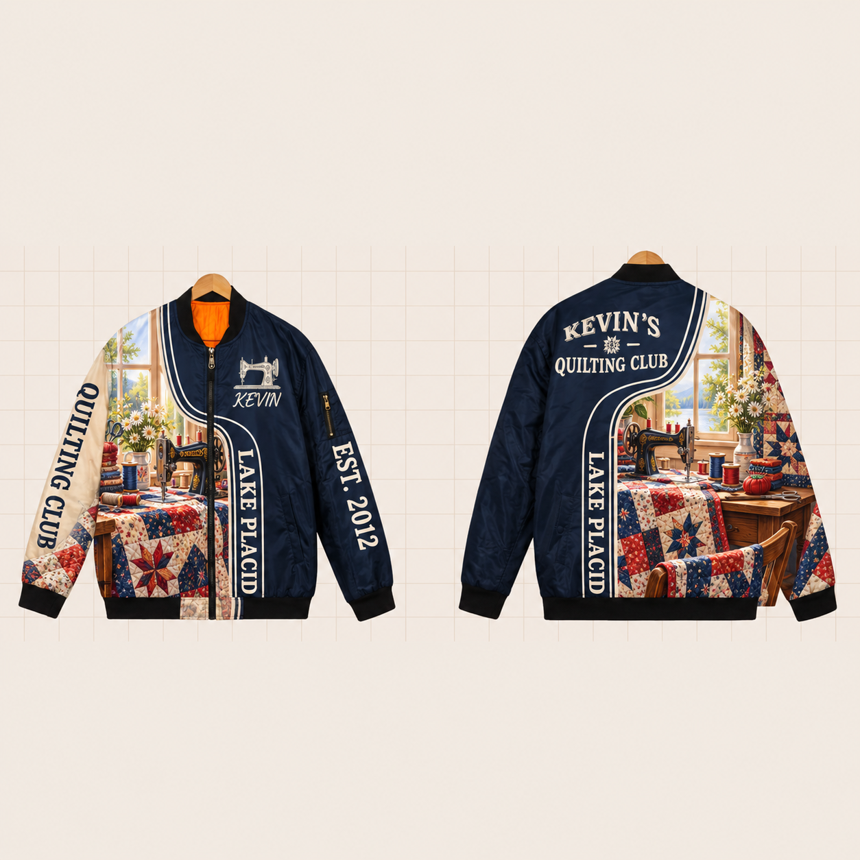 All-Over Print Bomber Jacket personalized with "Lake Placid Quilting Club" and sewing machine artwork on the back