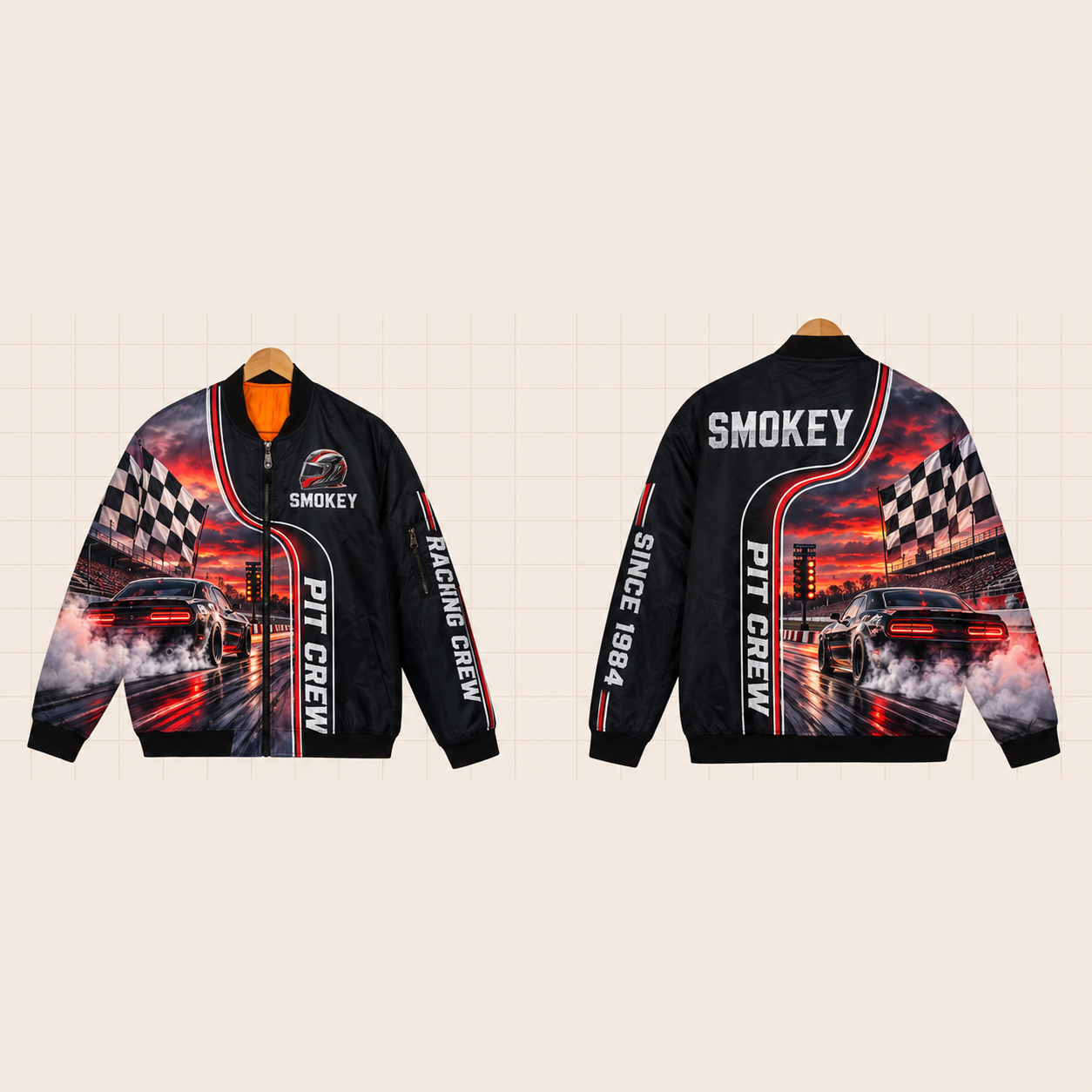 All-Over Print Bomber Jacket personalized with "Pit Crew Racing" and racing helmet artwork on the back