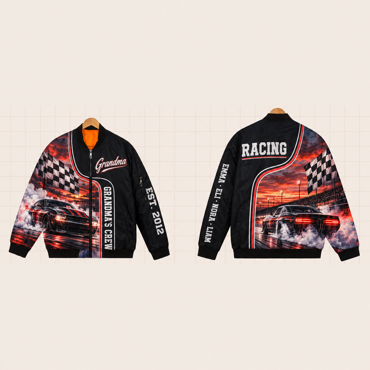 All-Over Print Bomber Jacket personalized with "Grandma's Racing Crew" and racing helmet artwork on the back