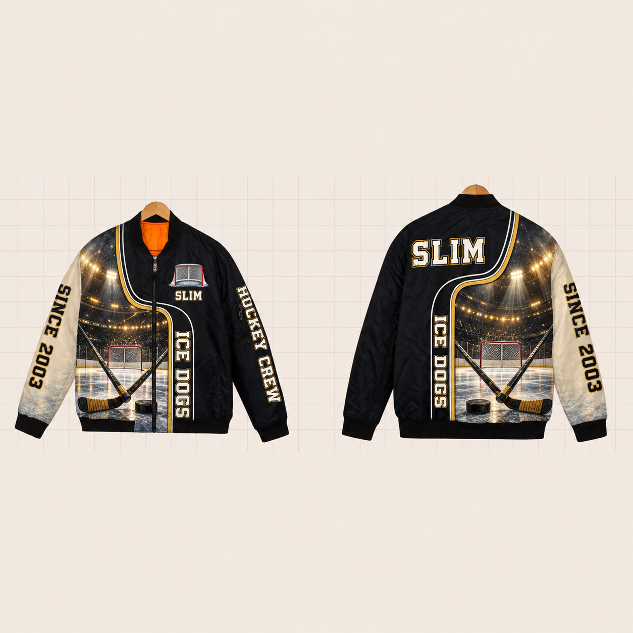 All-Over Print Bomber Jacket personalized with "Ice Dogs Hockey" and goal net artwork on the back