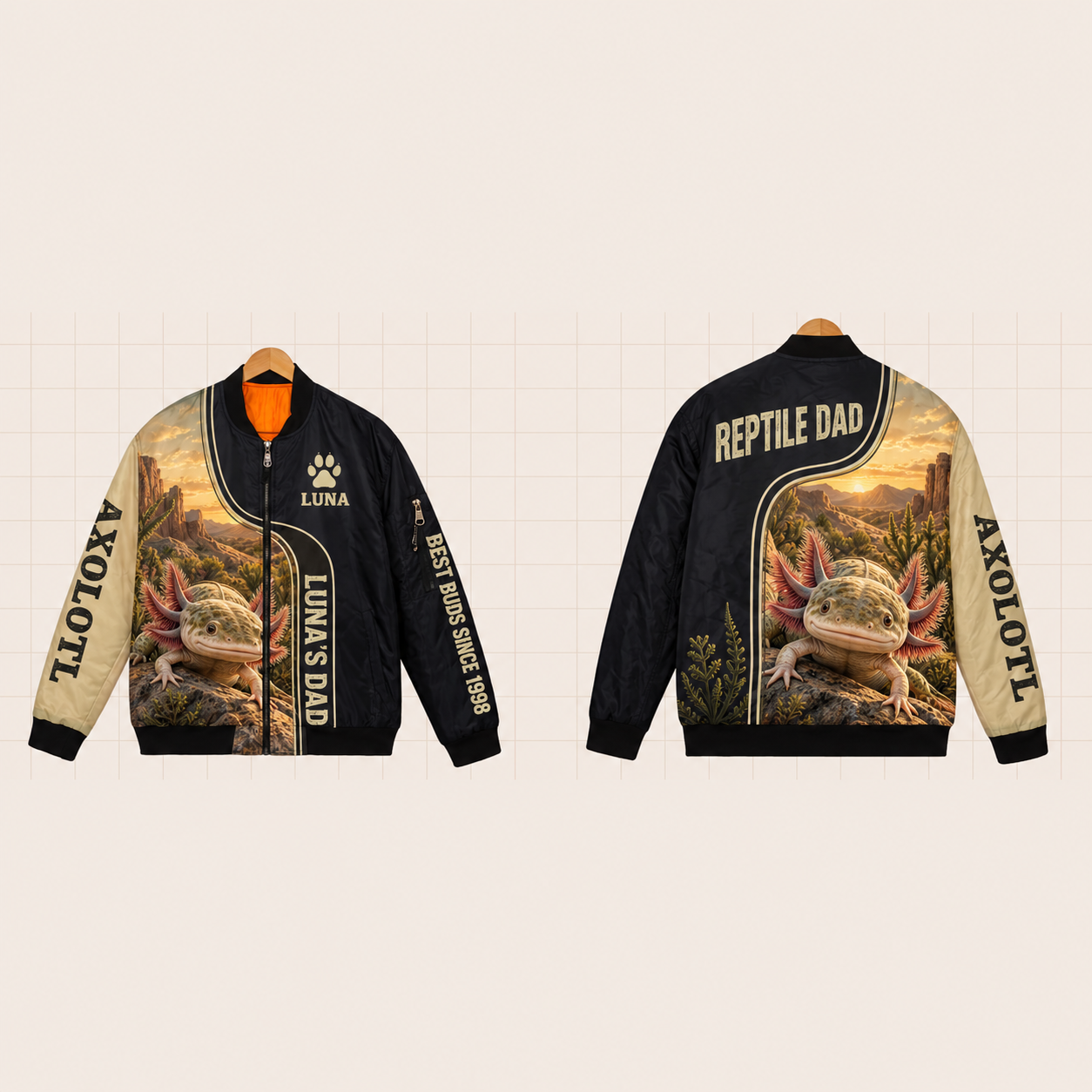 All-Over Print Bomber Jacket personalized with "Axolotl Dad" and coiled ball python artwork on the back