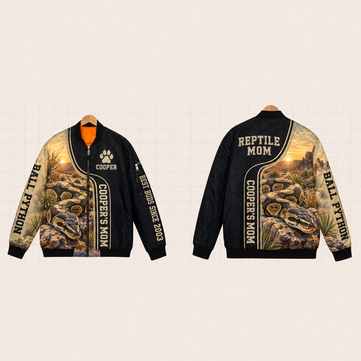 All-Over Print Bomber Jacket personalized with "Ball Python Mom" and coiled ball python artwork on the back