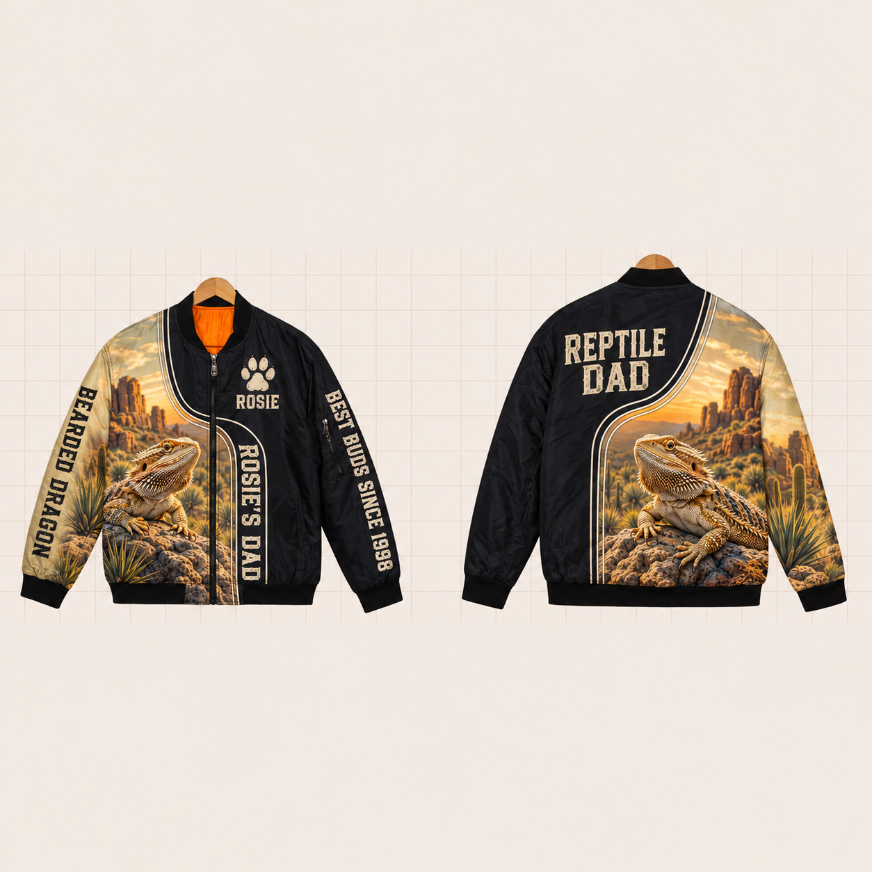 All-Over Print Bomber Jacket personalized with "Bearded Dragon Dad" and coiled ball python artwork on the back