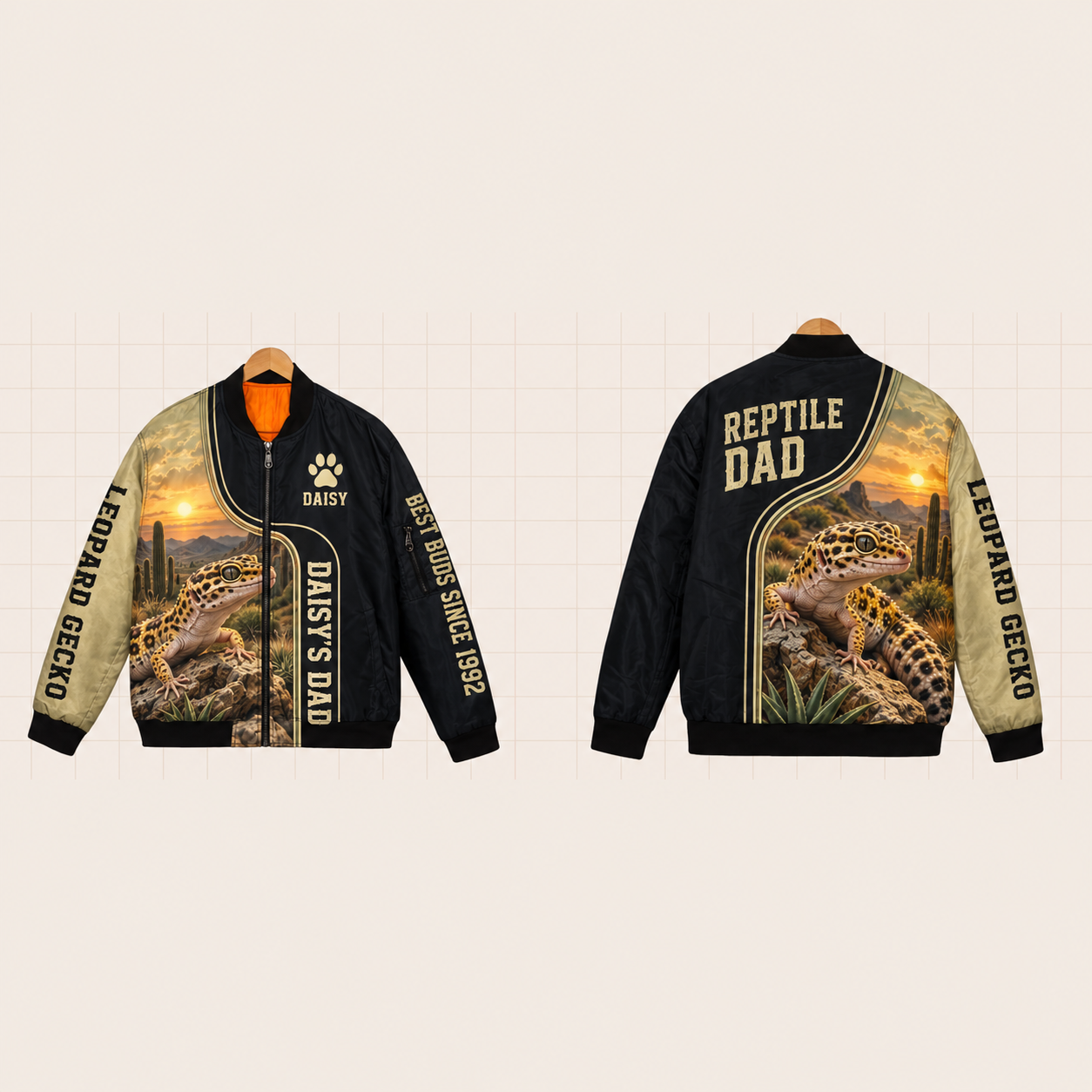 All-Over Print Bomber Jacket personalized with "Leopard Gecko Dad" and coiled ball python artwork on the back