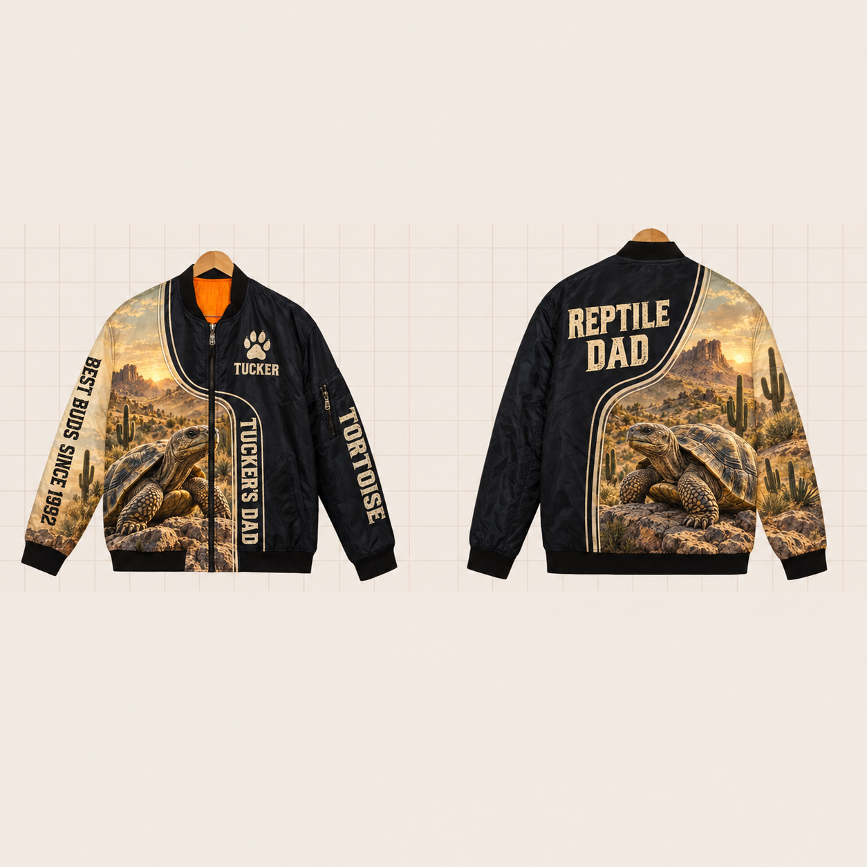 All-Over Print Bomber Jacket personalized with "Tortoise Dad" and coiled ball python artwork on the back