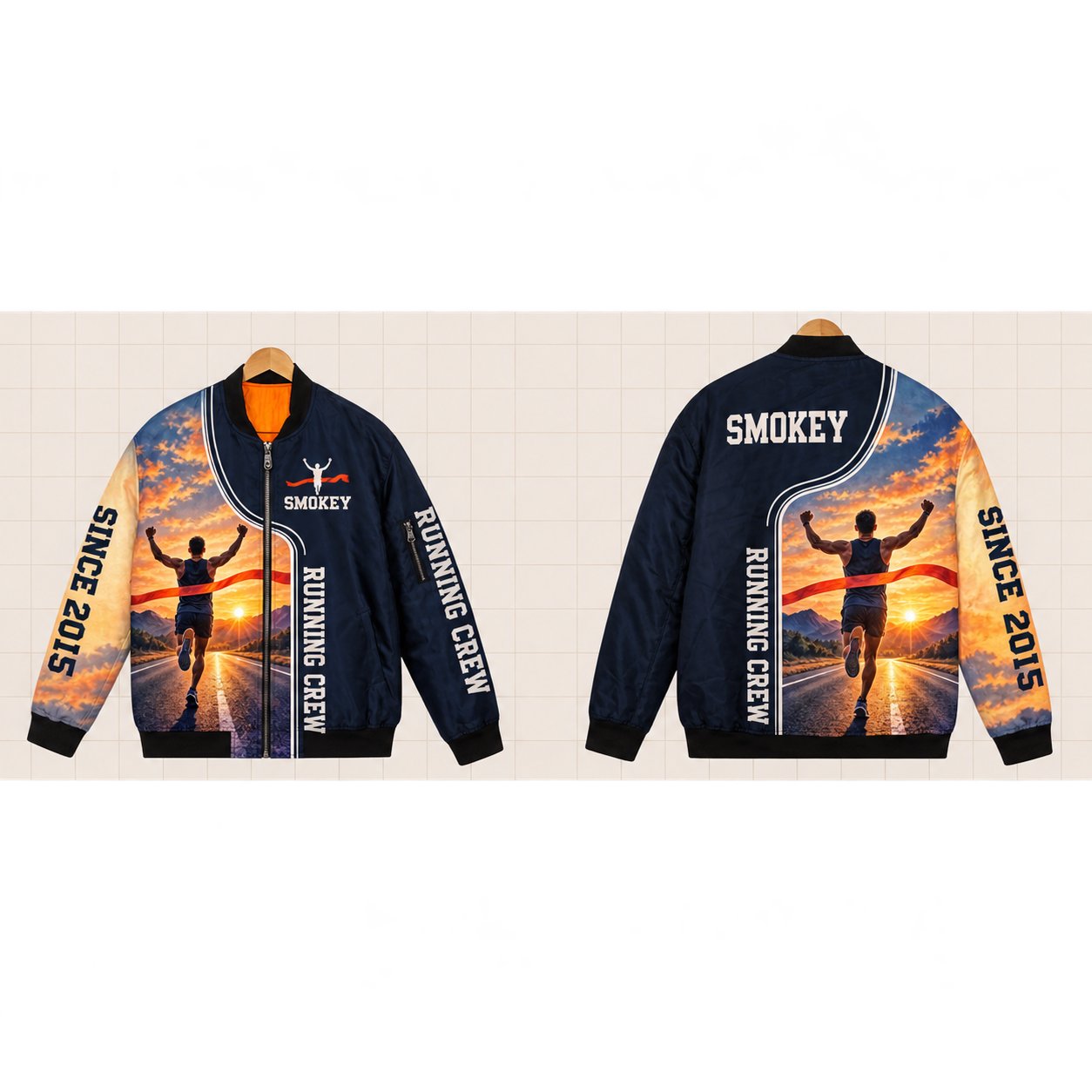 All-Over Print Bomber Jacket personalized with "Running Crew Running" and finish line ribbon artwork on the back
