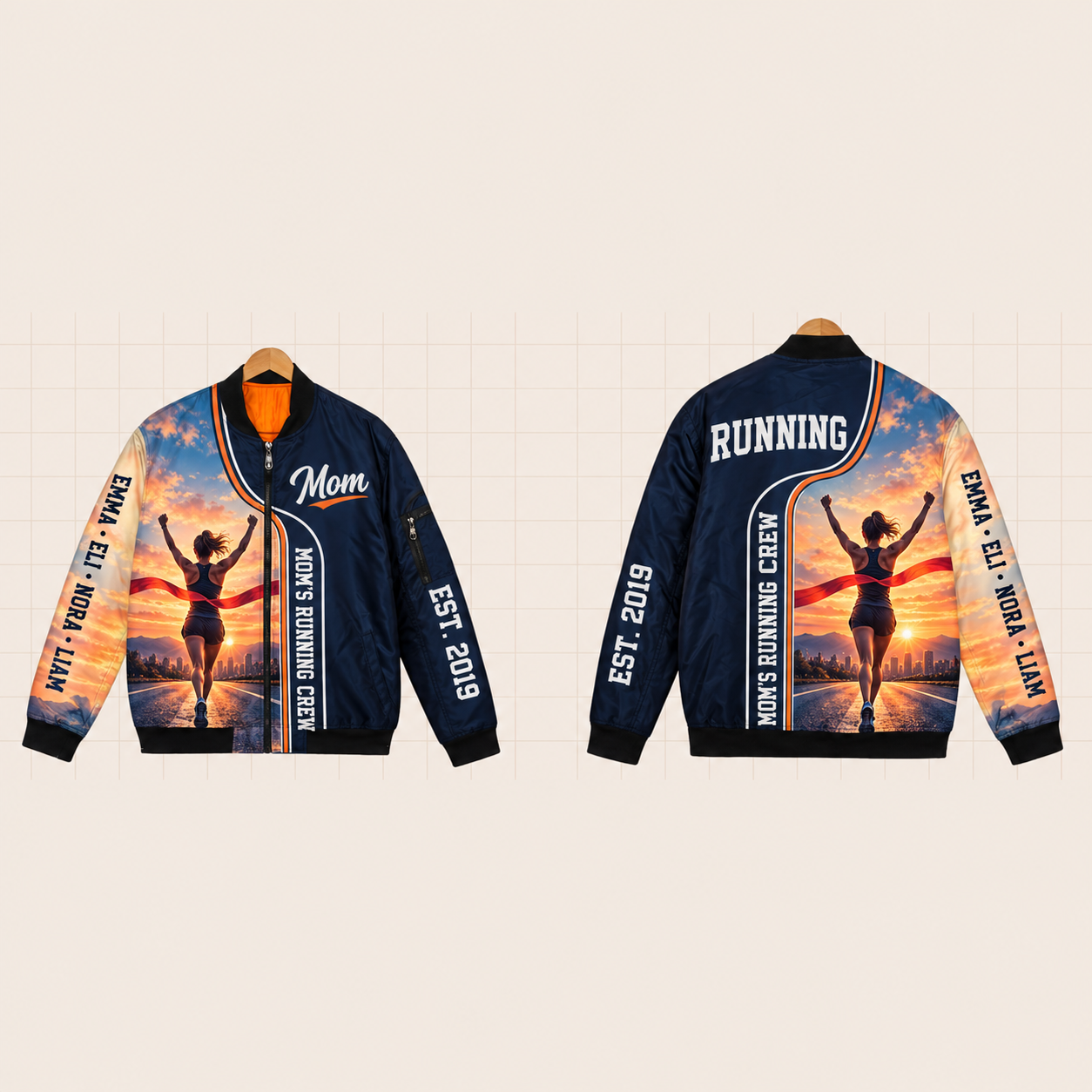 All-Over Print Bomber Jacket personalized with "Mom's Running Crew" and finish line ribbon artwork on the back