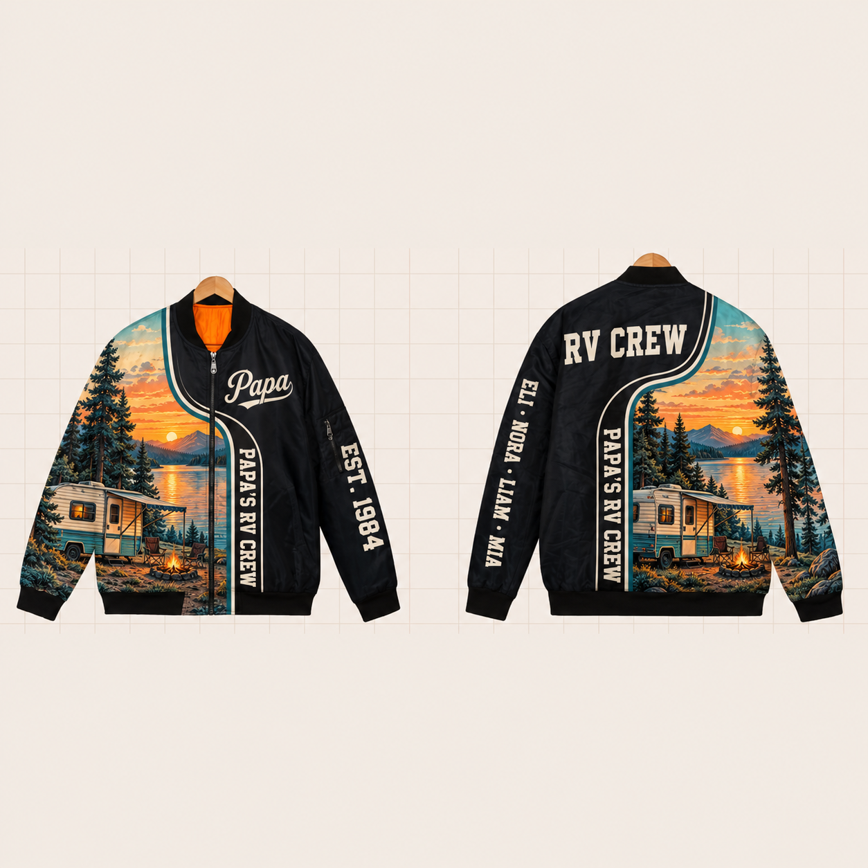 All-Over Print Bomber Jacket personalized with "Papa's RV Crew" and pine tree artwork on the back