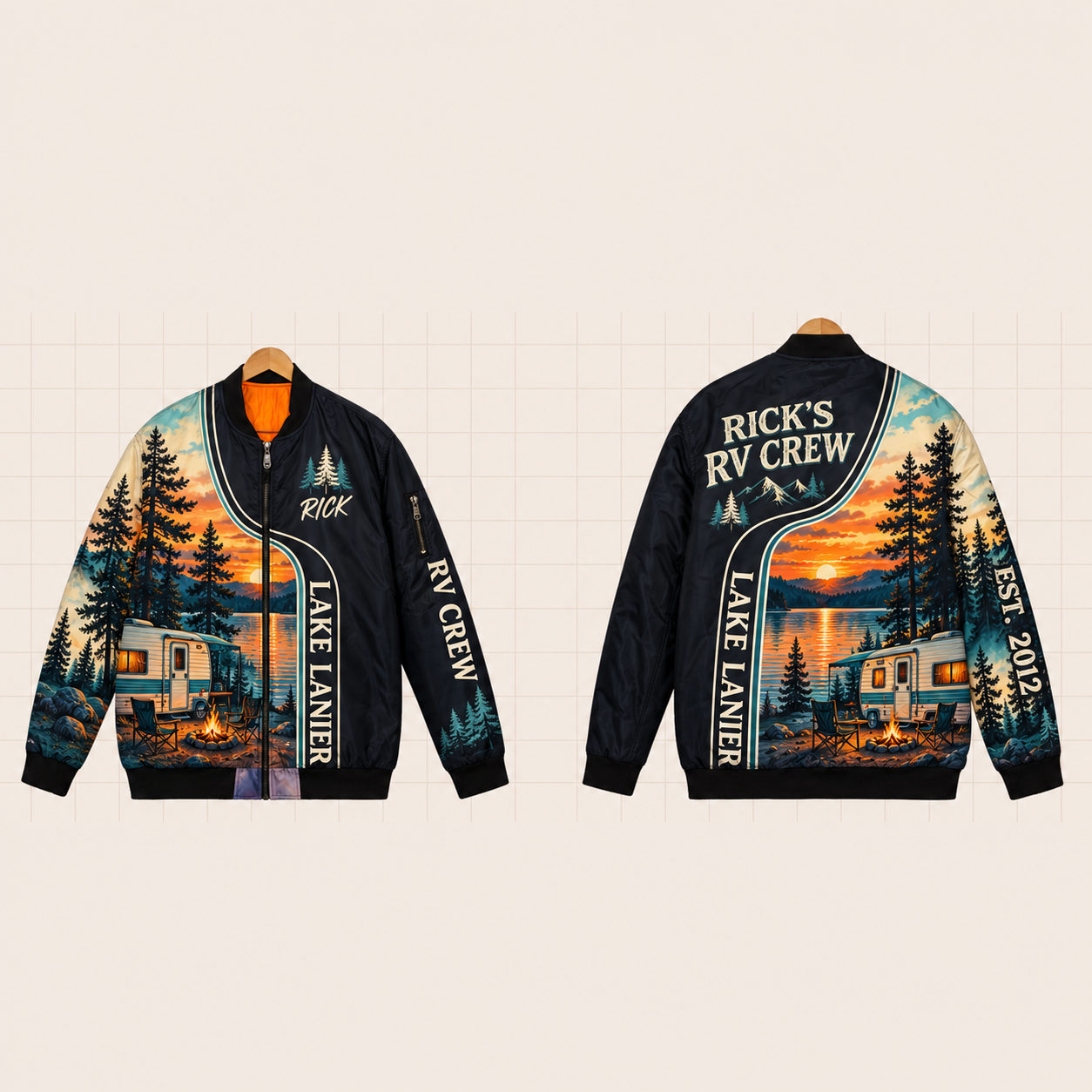 All-Over Print Bomber Jacket personalized with "Lake Lanier RV Crew" and pine tree artwork on the back