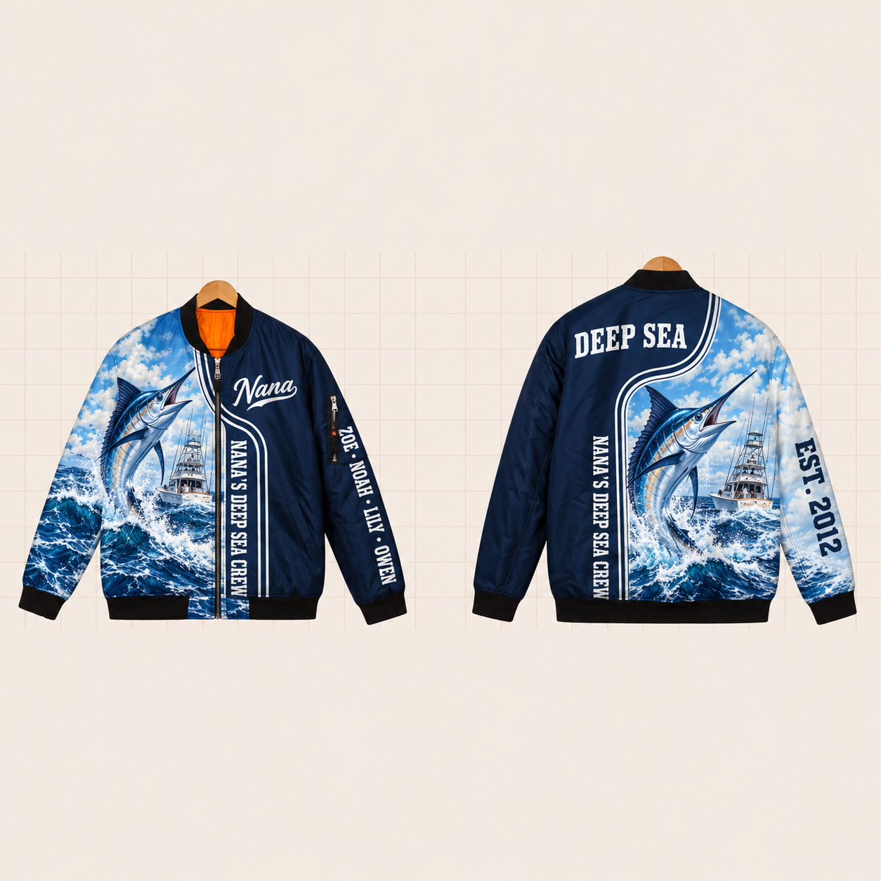 All-Over Print Bomber Jacket personalized with "Nana's Deep Sea Crew" and anchor artwork on the back