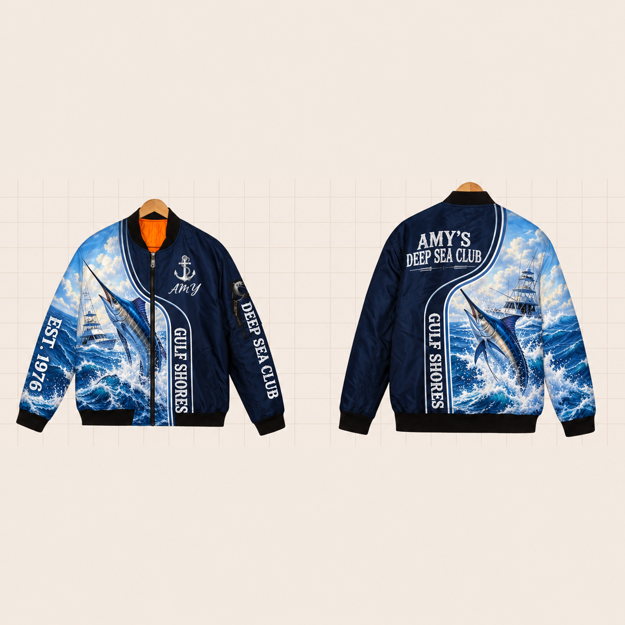 All-Over Print Bomber Jacket personalized with "Gulf Shores Deep Sea Club" and anchor artwork on the back