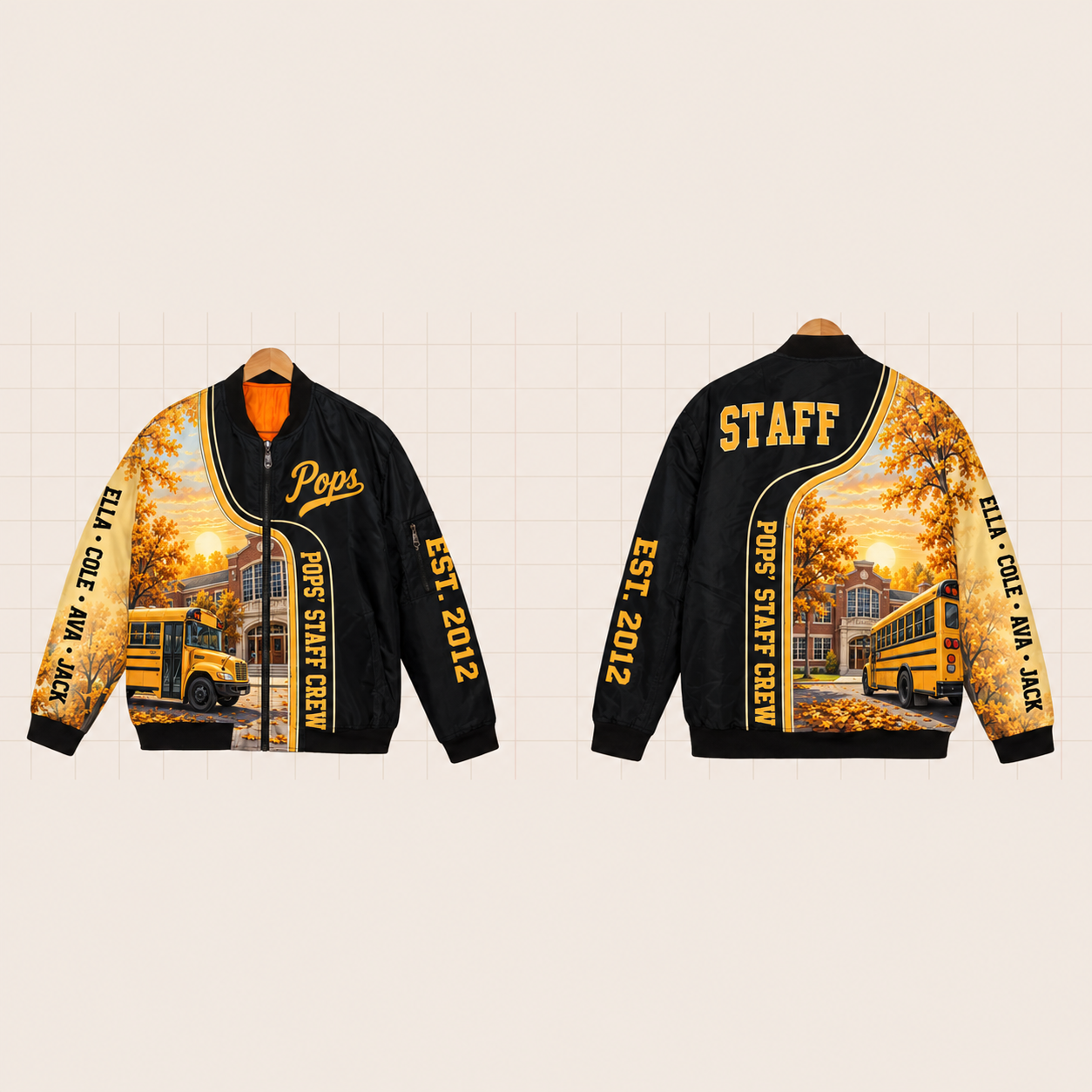 All-Over Print Bomber Jacket personalized with "Pops' Staff Crew" and lunch tray artwork on the back