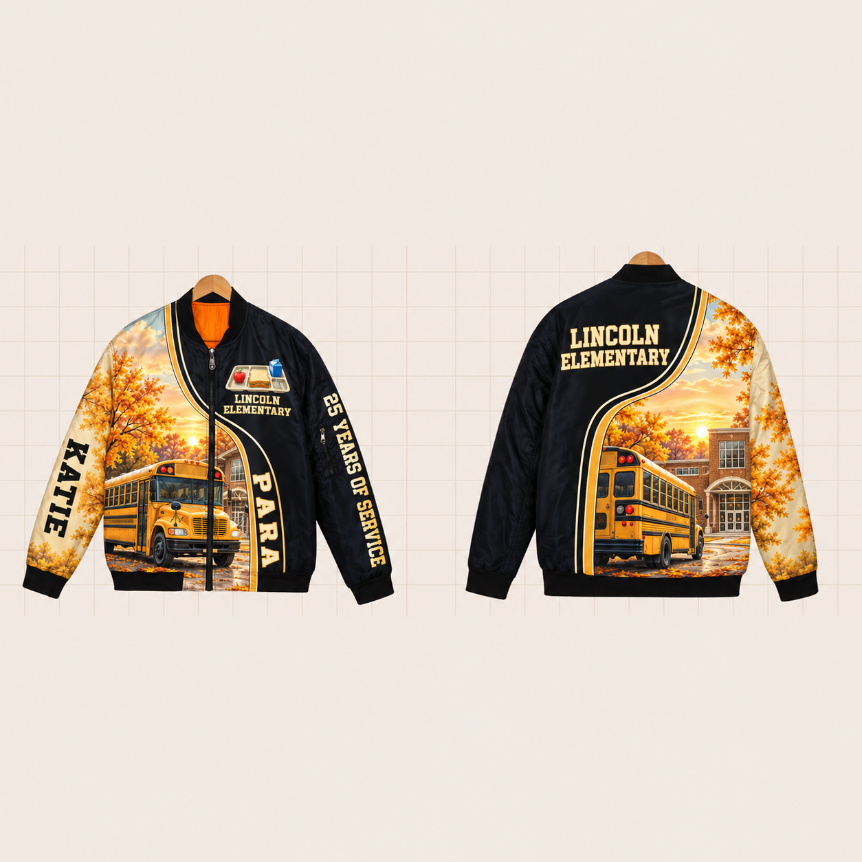 All-Over Print Bomber Jacket personalized with "Staff Lincoln Elementary 25 Years" and lunch tray artwork on the back
