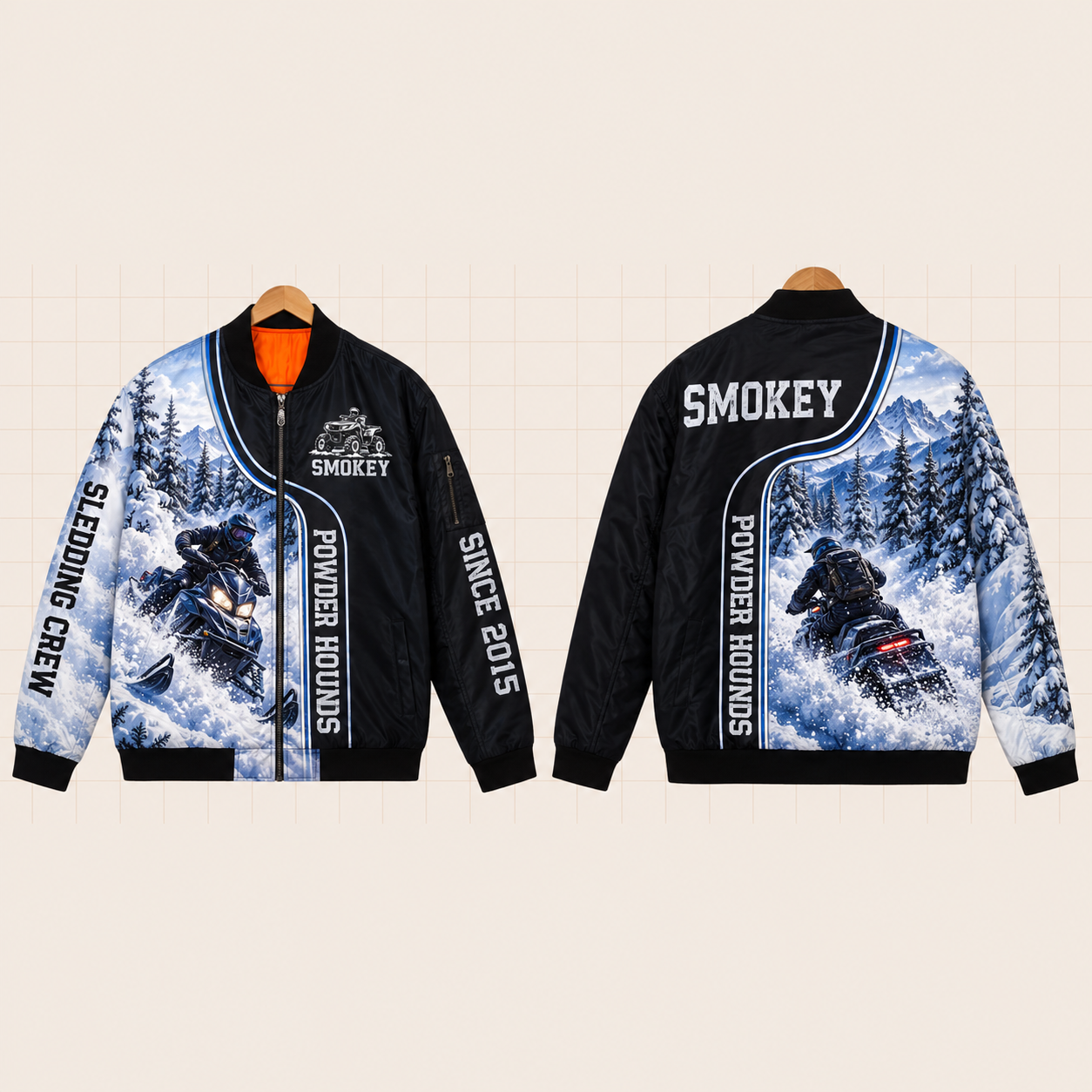 All-Over Print Bomber Jacket personalized with "Powder Hounds Sledding" and atv artwork on the back