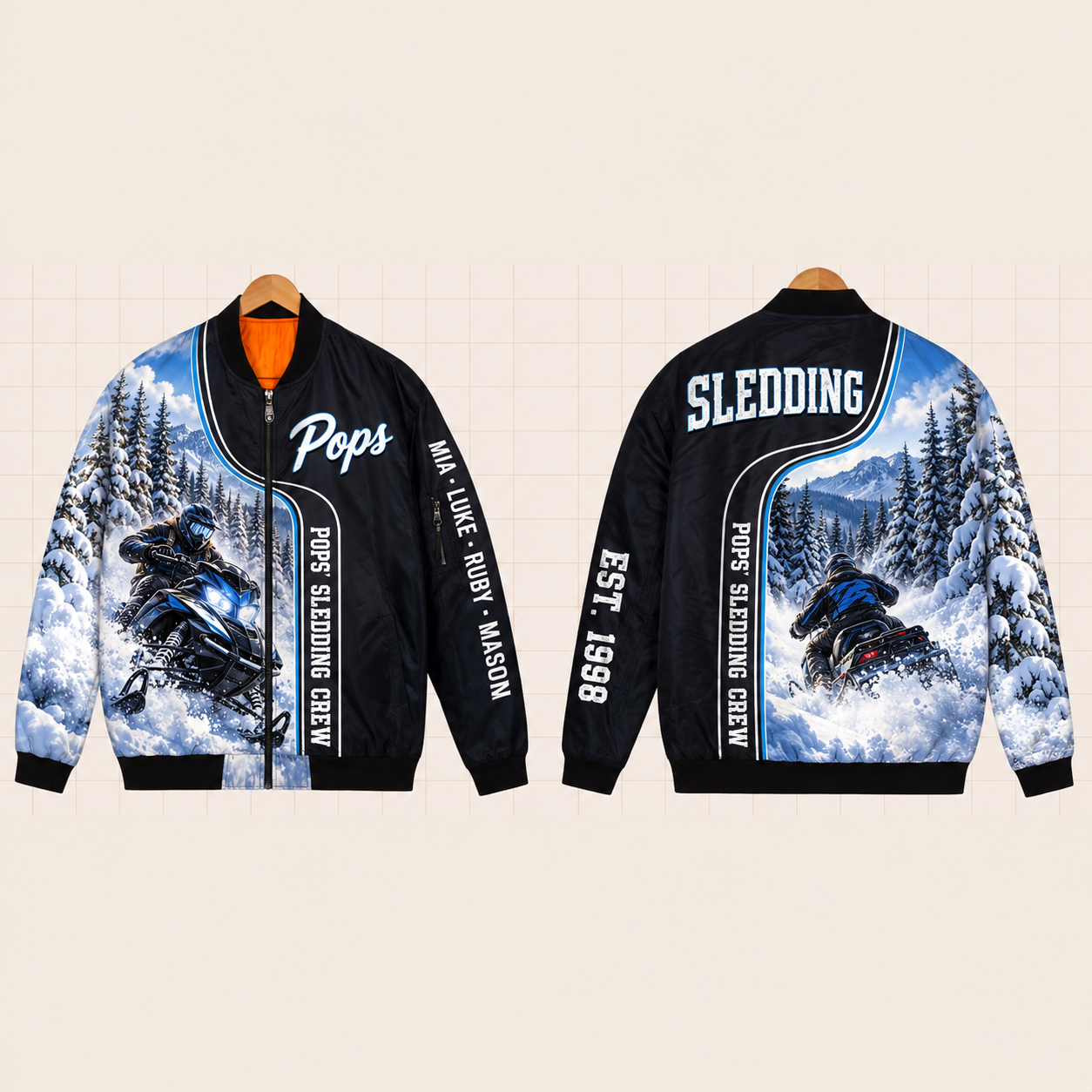 All-Over Print Bomber Jacket personalized with "Pops' Sledding Crew" and atv artwork on the back