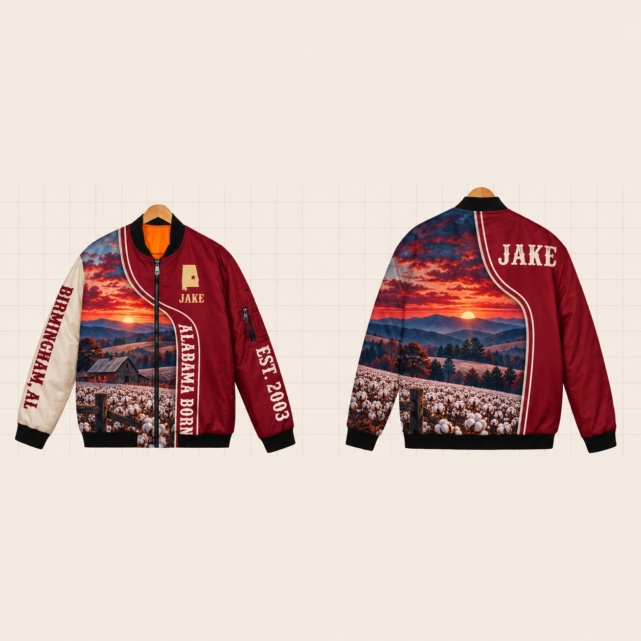 All-Over Print Bomber Jacket personalized with "Alabama Born Birmingham" and stars artwork on the back