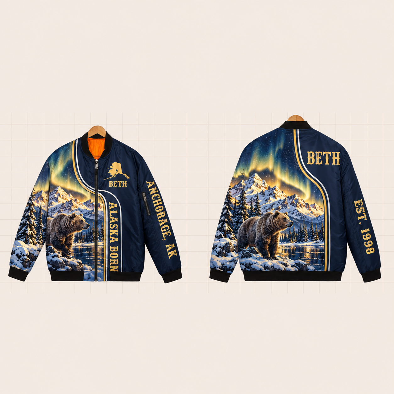 All-Over Print Bomber Jacket personalized with "Alaska Born Anchorage" and stars artwork on the back