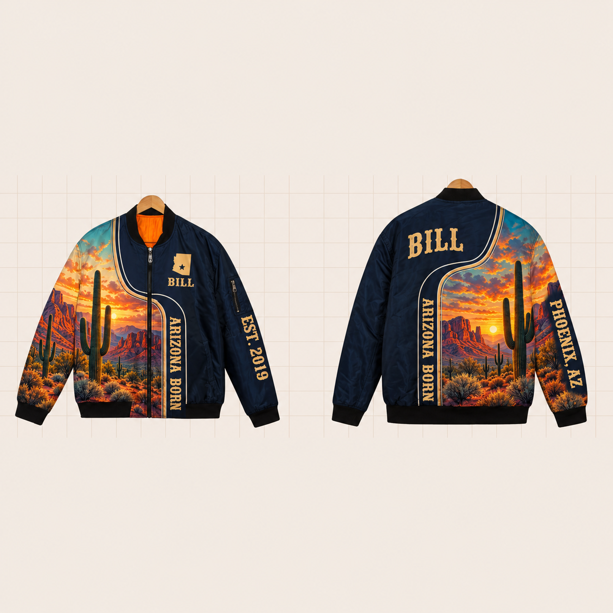 All-Over Print Bomber Jacket personalized with "Arizona Born Phoenix" and stars artwork on the back