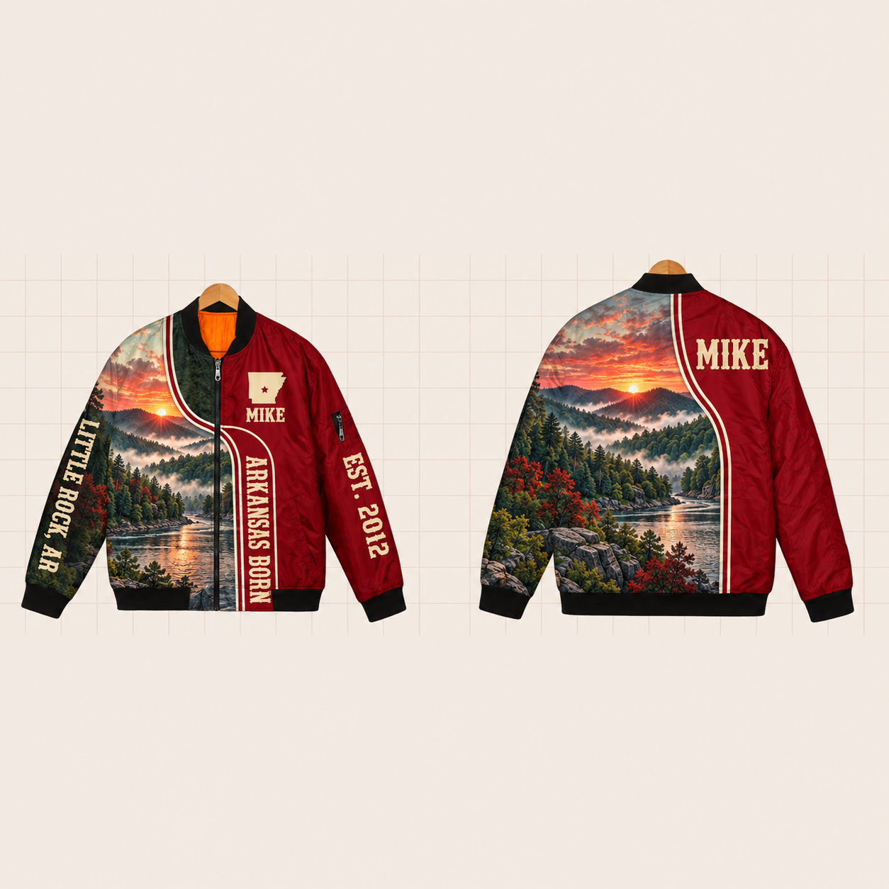 All-Over Print Bomber Jacket personalized with "Arkansas Born Little Rock" and stars artwork on the back