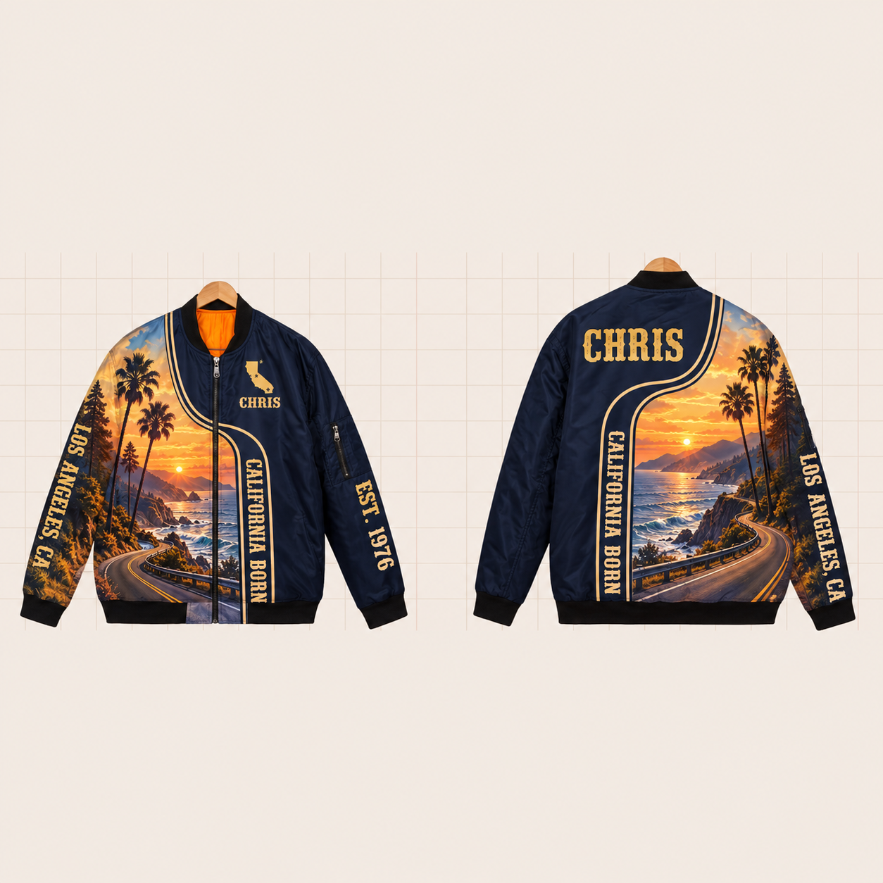 All-Over Print Bomber Jacket personalized with "California Born Los Angeles" and stars artwork on the back